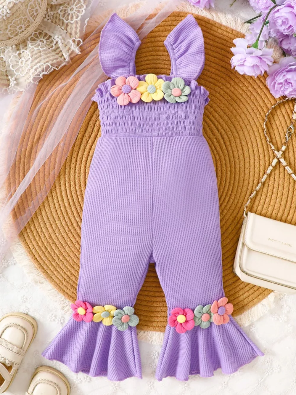 Children's Floral Decor Smocked Ruffle Hem Jumpsuit, image 2