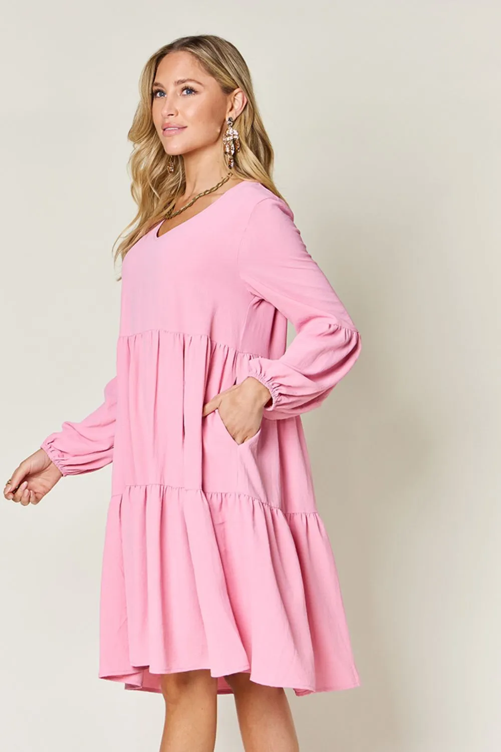 Full Size V-Neck Balloon Sleeve Tiered Dress with Pockets, image 25