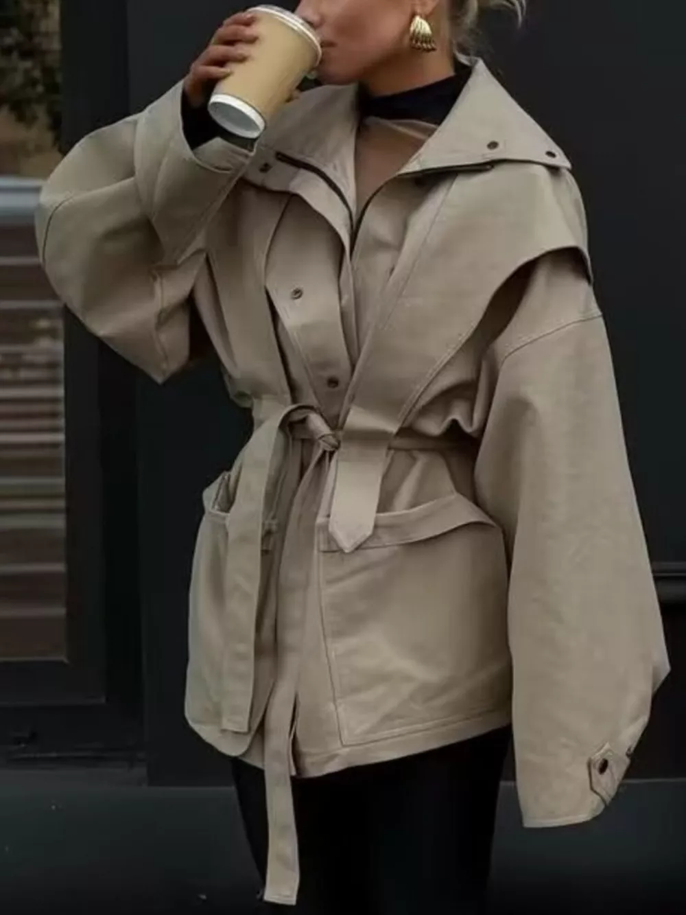 Tie Waist Snap Down Trench Coat, image 4