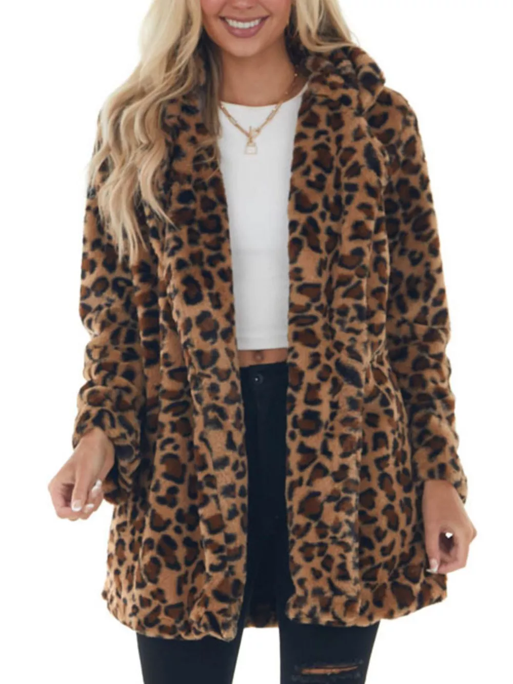 Full Size Leopard Open Front Outerwear Plus Size, image 3