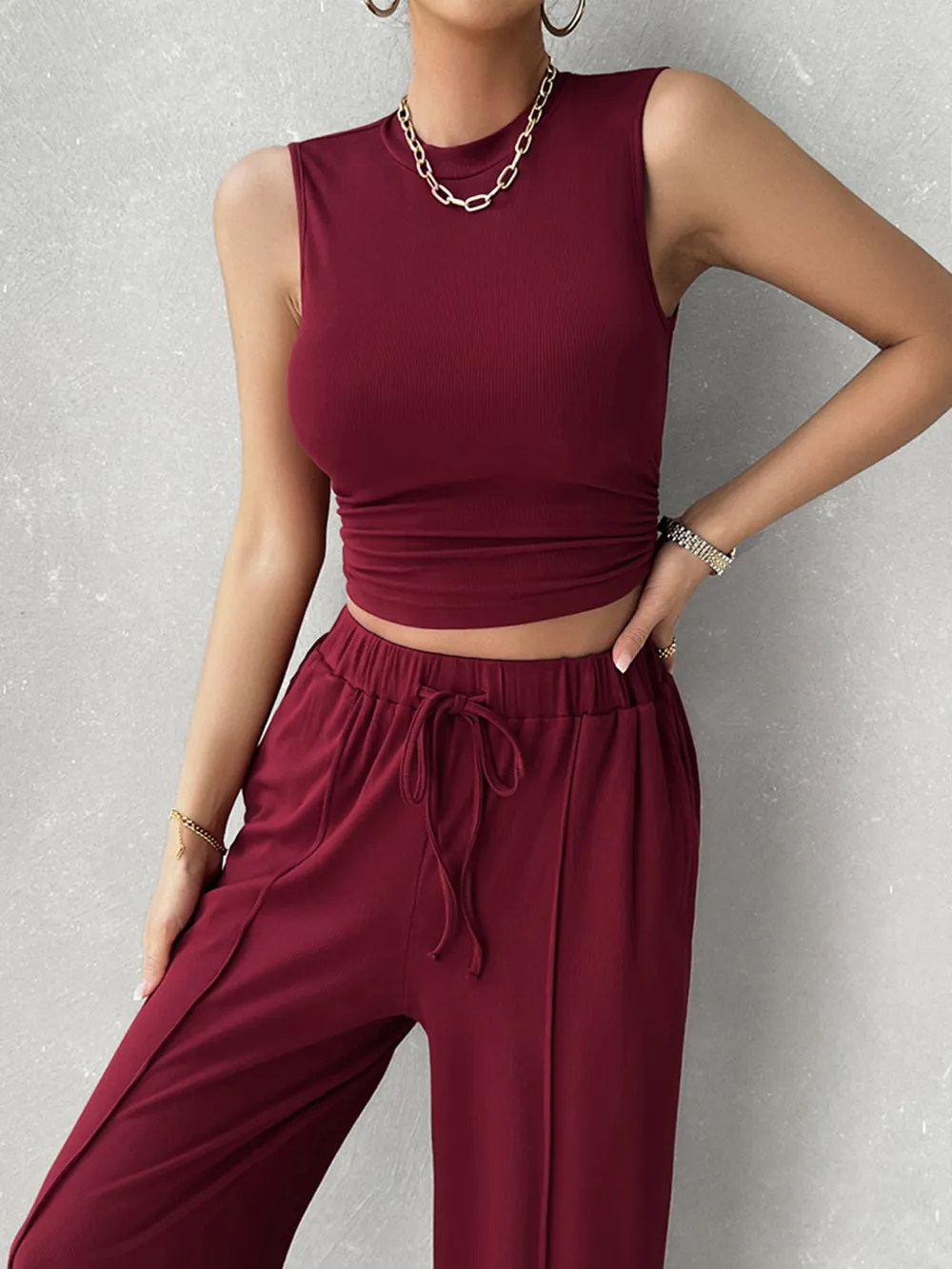 Mock Neck Sleeveless Top and Drawstring Pants Set, image 5