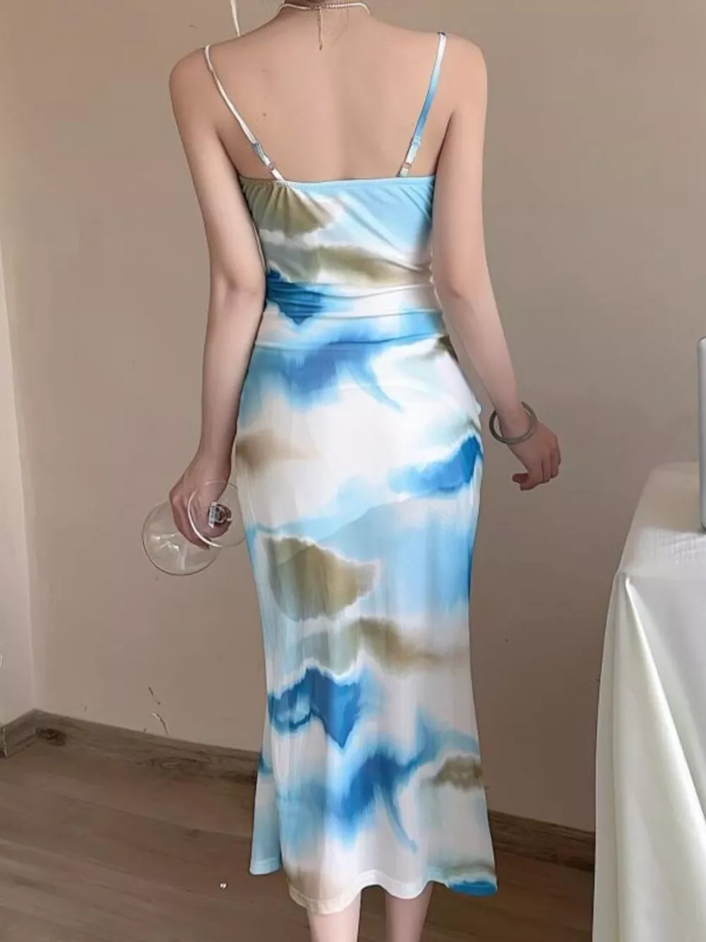 Abstract Watercolor Print Ruched Midi Dress, image 3