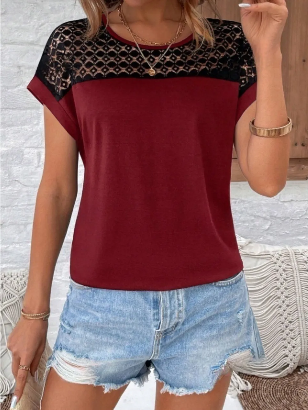 Contrast Lace Round Neck Short Sleeve Blouse, image 6