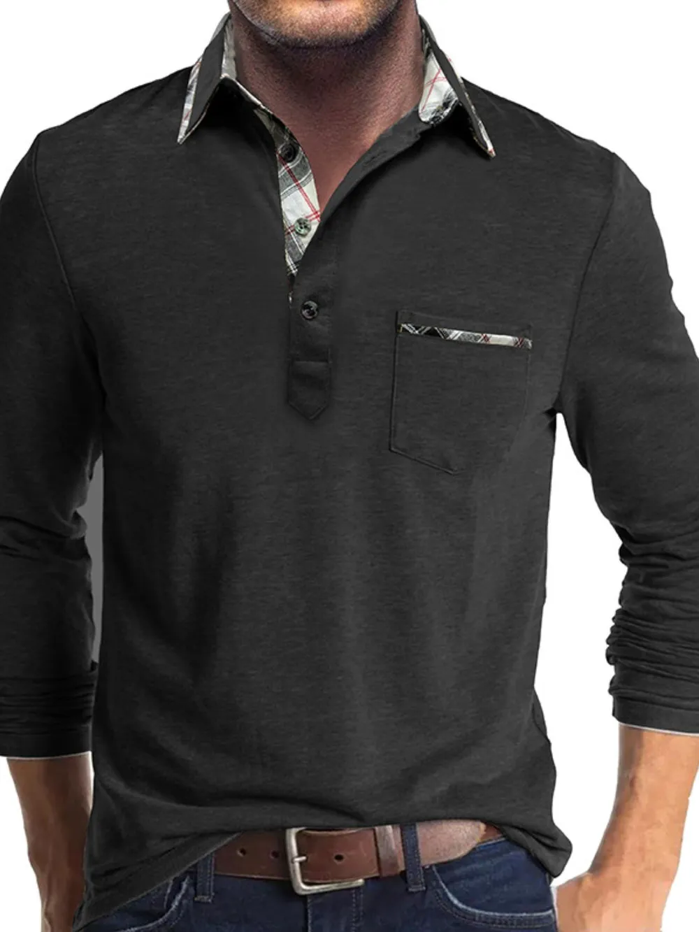 Men's Full Size Plaid Collar Neck Long Sleeve Polo Shirt Plus Size