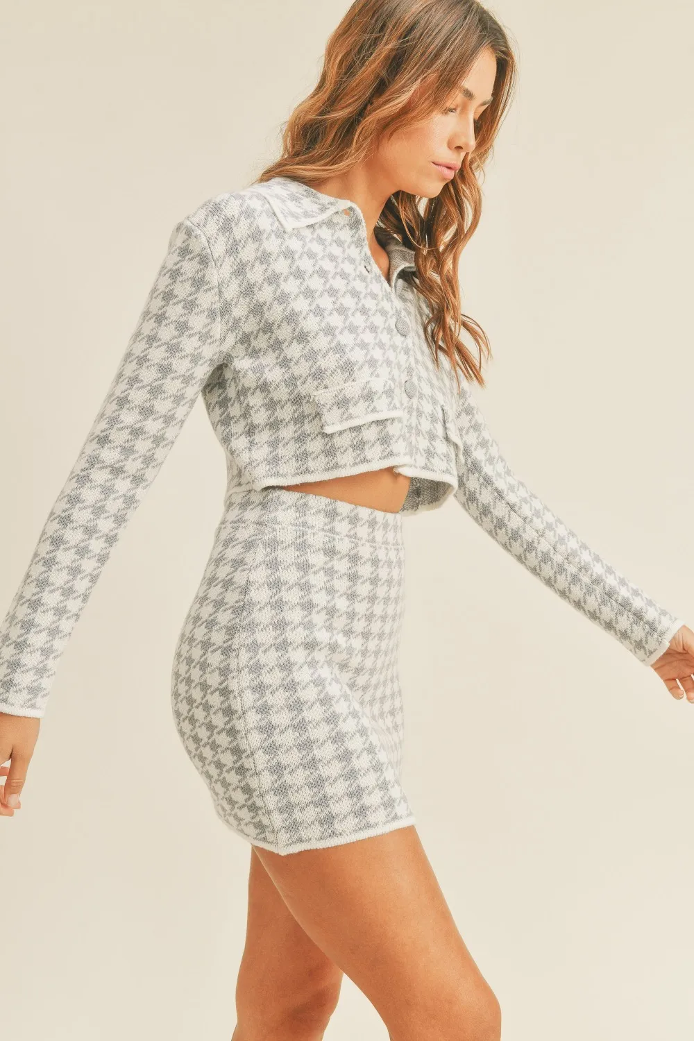 Houndstooth Cropped Knit Cardigan and Mini Skirt Set, image 5