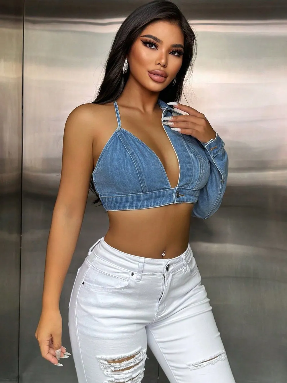One Shoulder Long Sleeve Cropped Denim Top, image 11