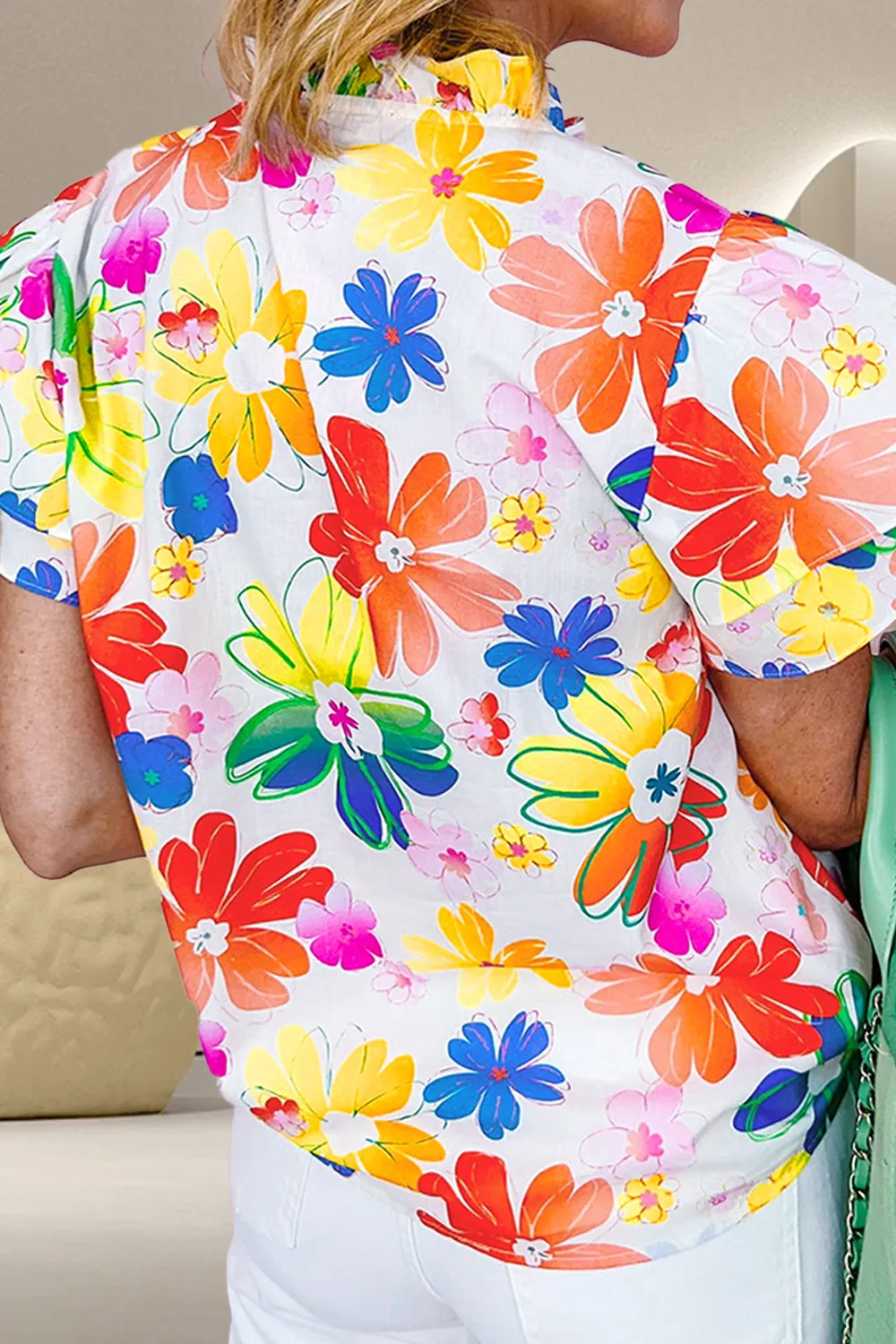 Ruffled Printed Notched Cap Sleeve Blouse, image 3