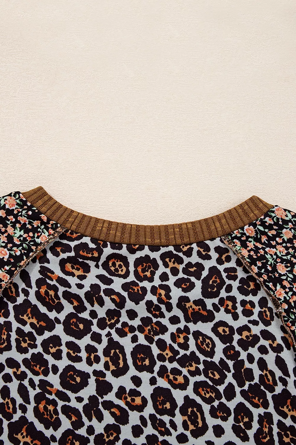 Leopard Floral Print Ribbed Puff Sleeve Patchwork Loose Sweatshirt, image 8