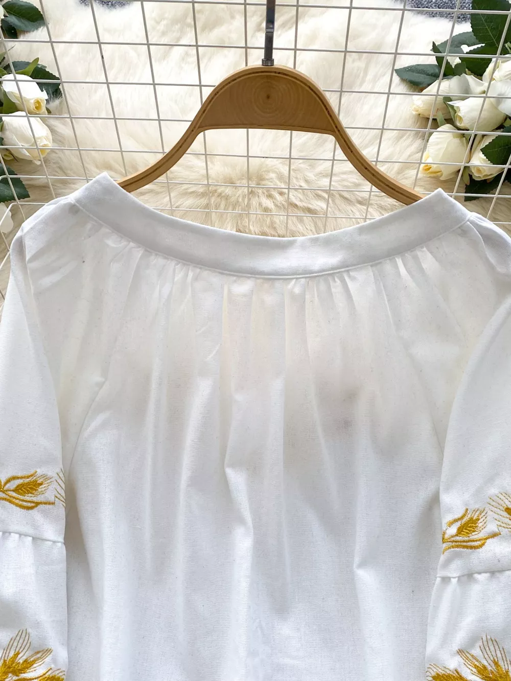 Embroidered Wheat Pattern Tie Neck Blouse, image 11