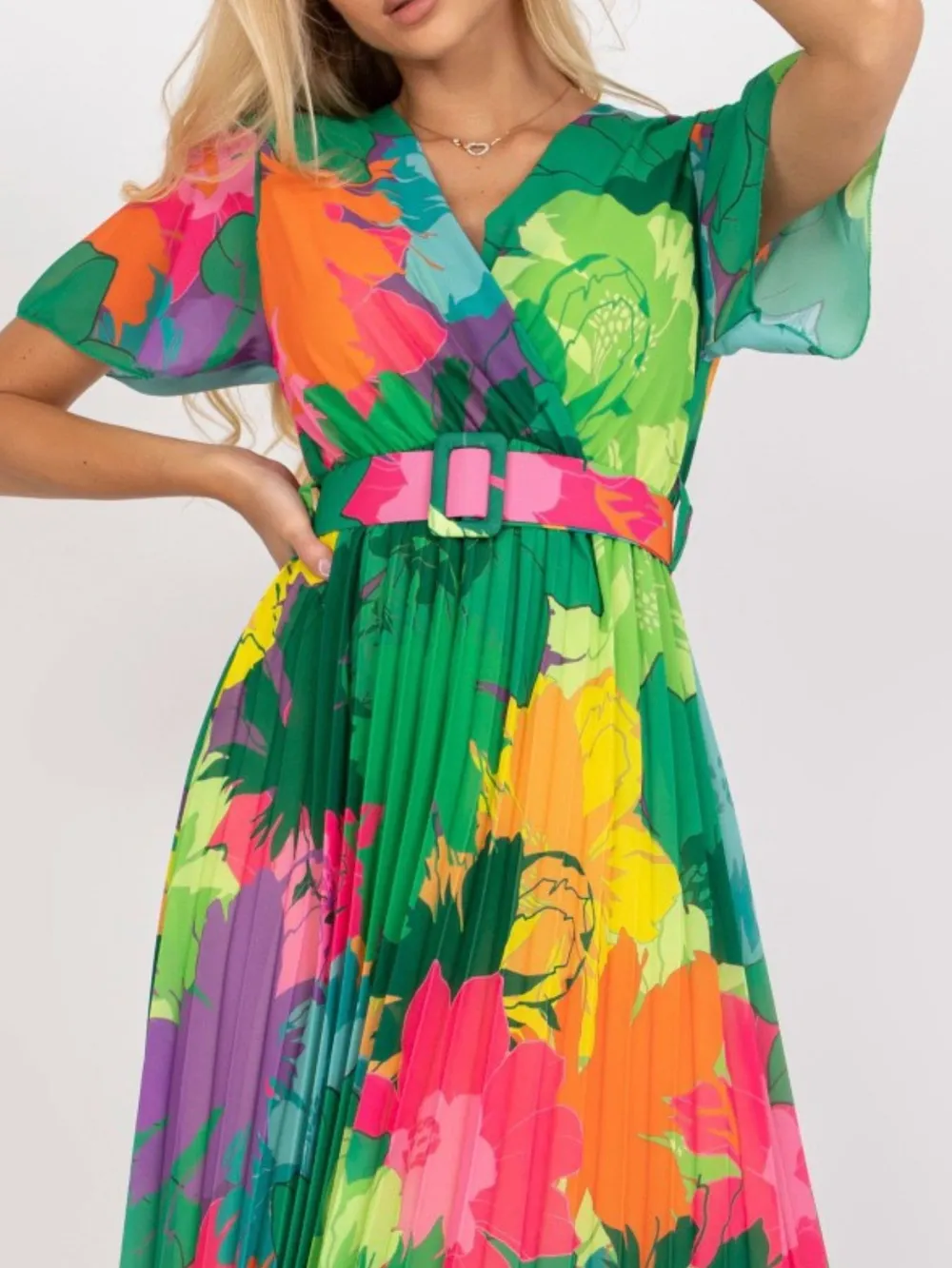 Printed Pleated Midi Wrap Dress with Belt, image 2