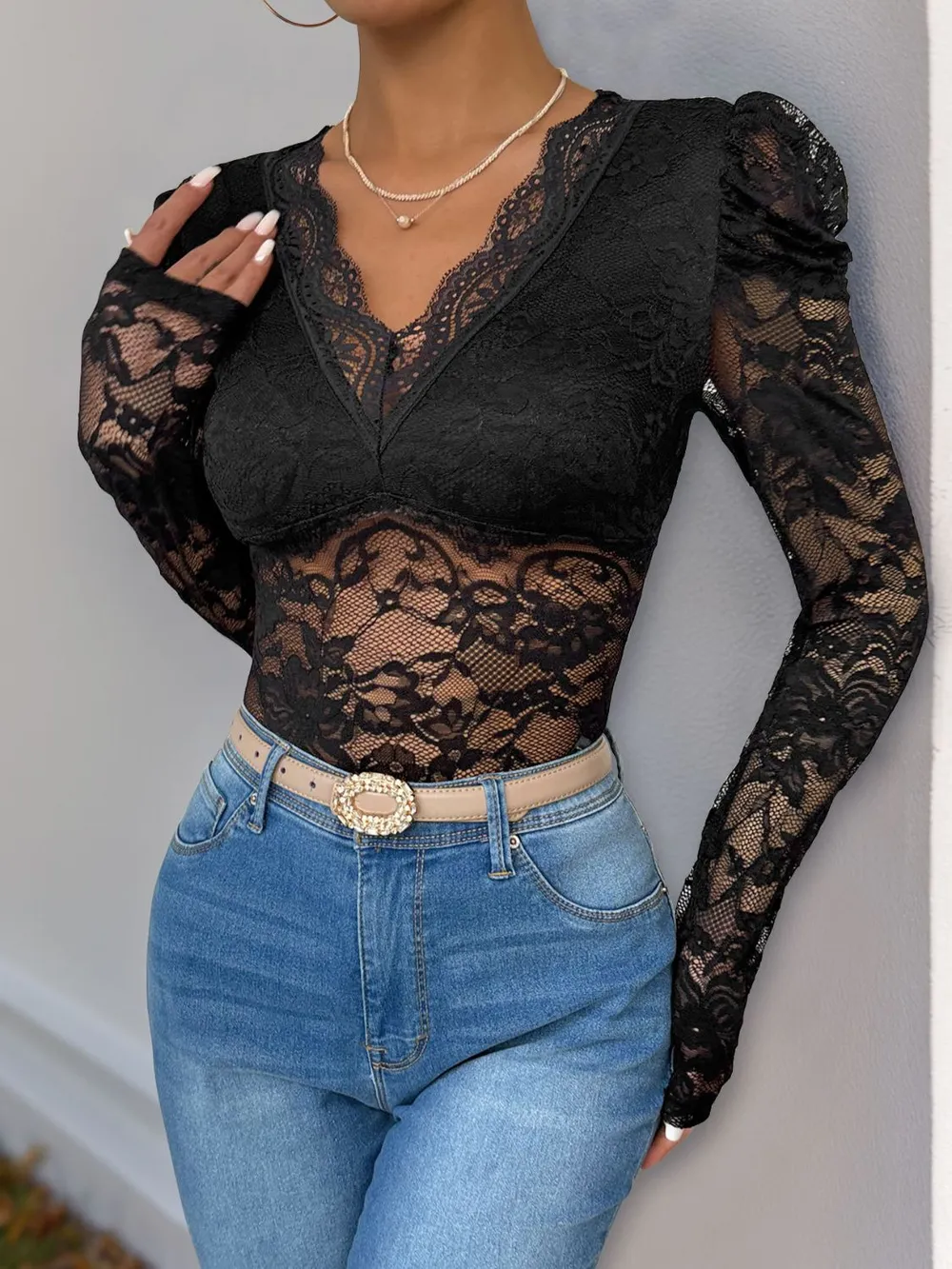 Lace V-Neck Long Sleeve Bodysuit, image 4