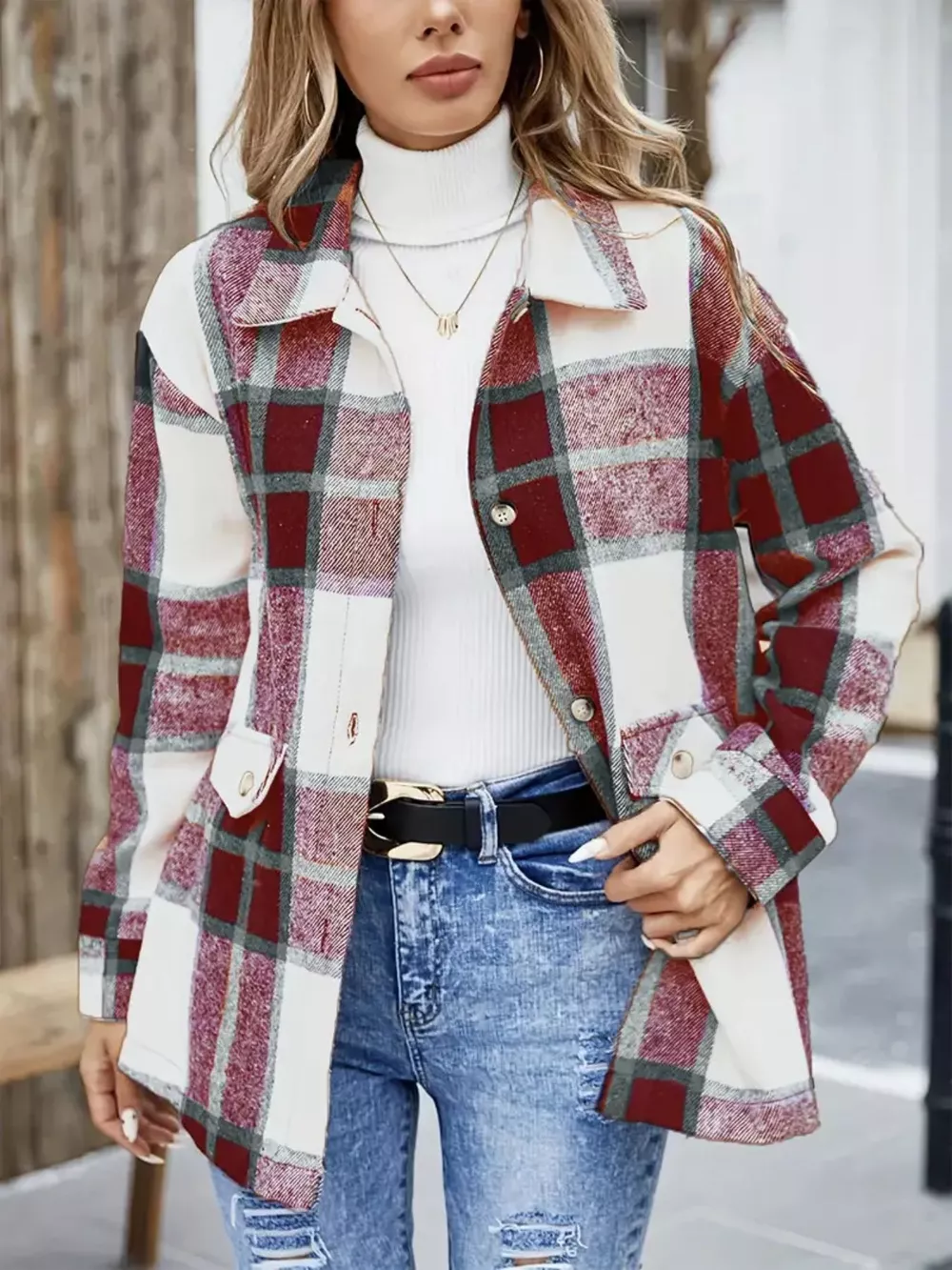 Plaid Button-Up Long Sleeve Shacket, image 11