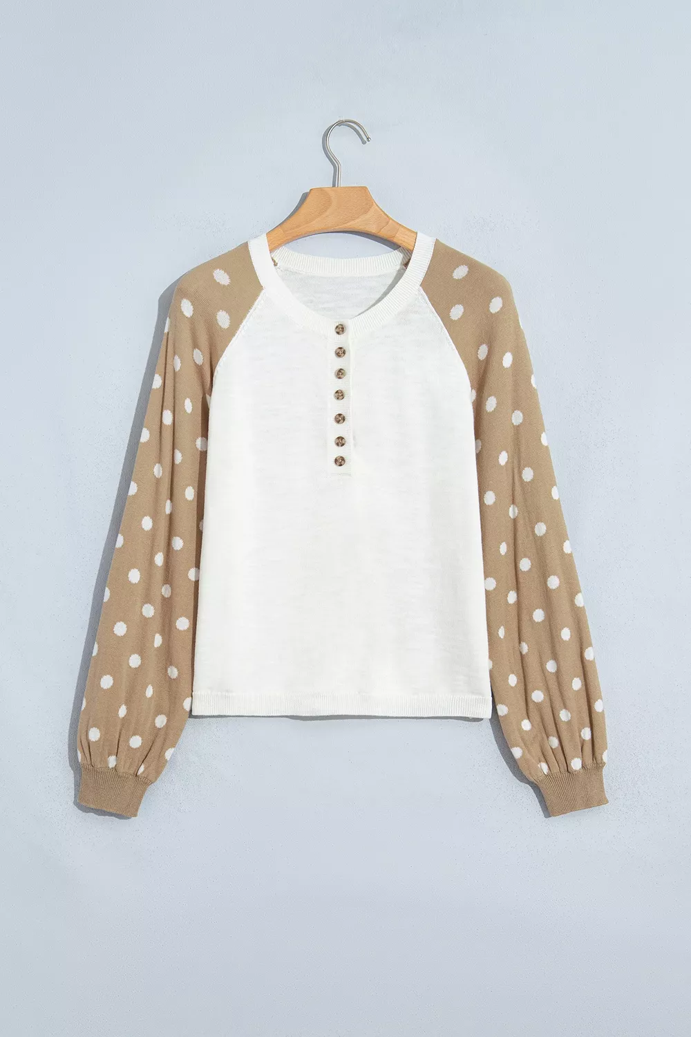 Polka Dot Contrast Long Sleeve Button V Neck Sweater, image 5