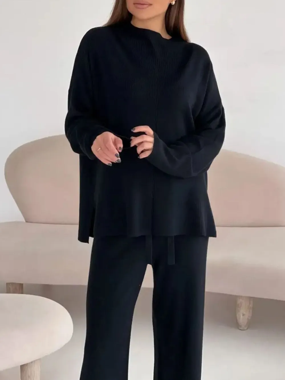 Slit Mock Neck Top and Pants Sweater Set, image 14