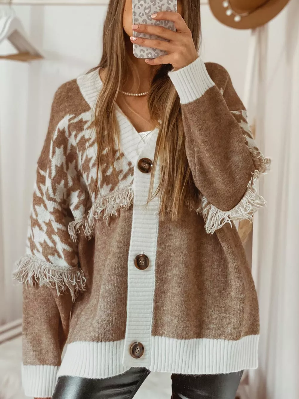 Fringe Trim Button-Up Cardigan, image 2