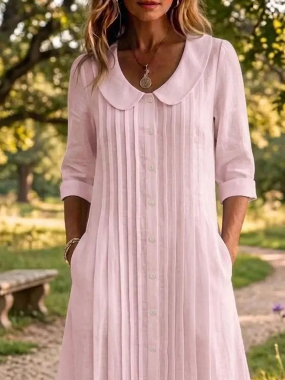 Full Size Peter Pan Collar Button Down Dress Plus Size, image 8