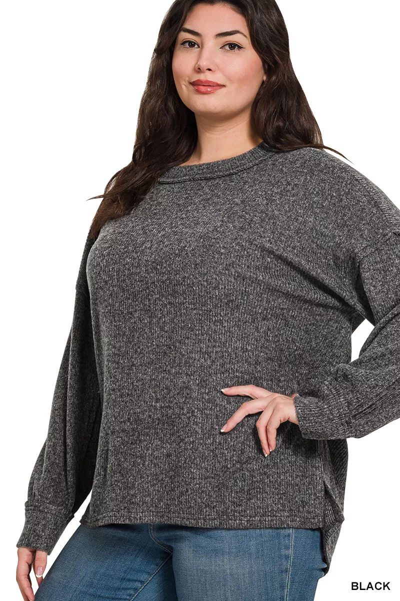 Full Size Brushed Ribbed Hacci Drop Shoulder Sweater Plus Size, image 3