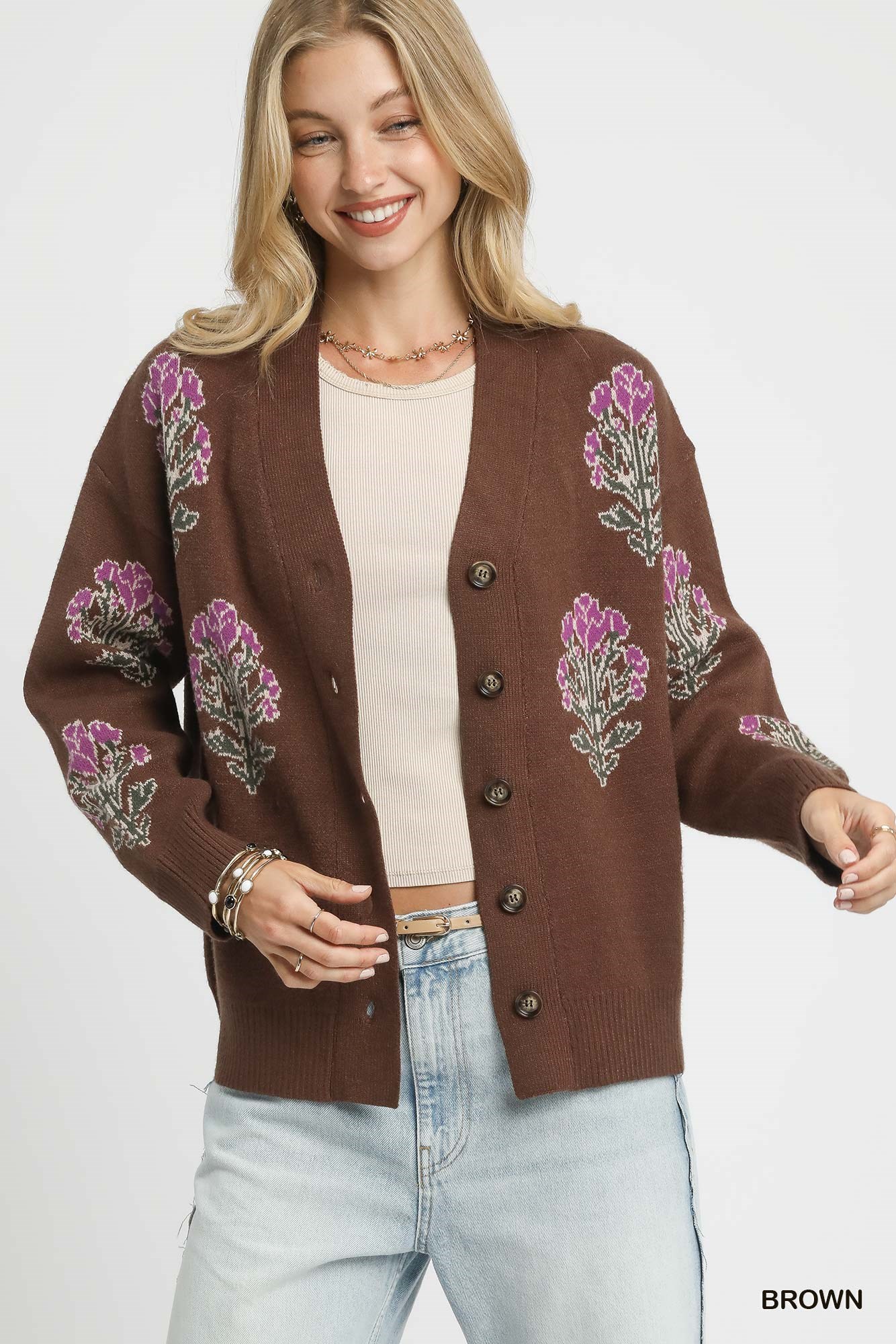 Single Flower Stem Jacquard Cardigan Sweater, image 6