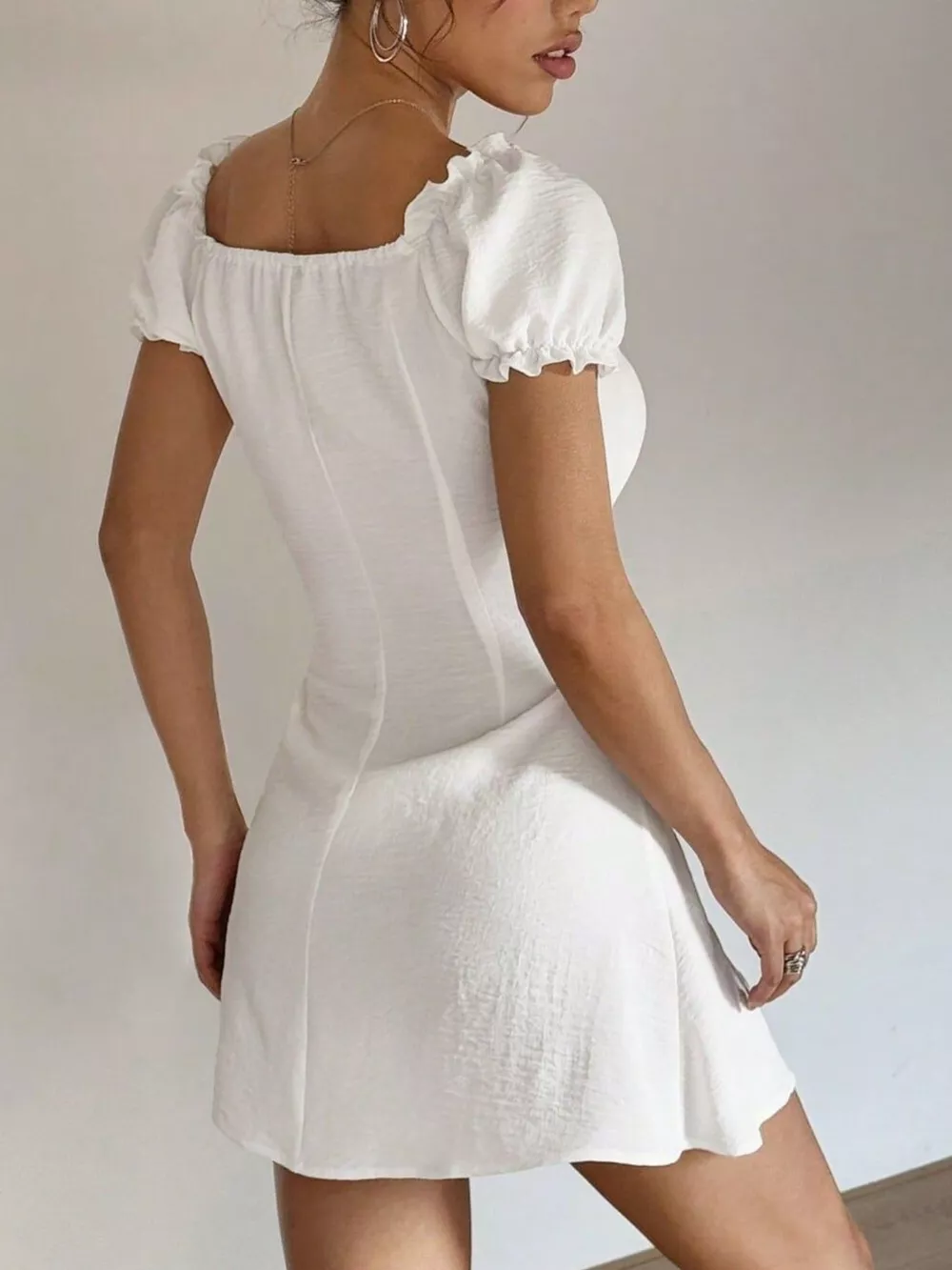 Ruched Button-Front Puff Sleeve Mini Dress, image 4