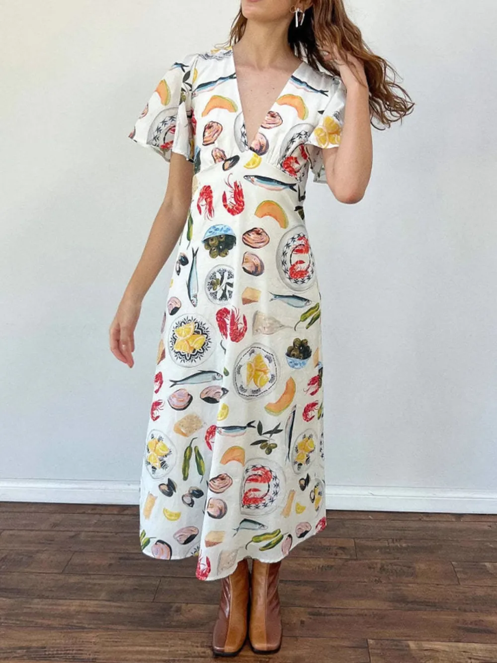 Printed V-Neck Short Sleeve Dress, image 4