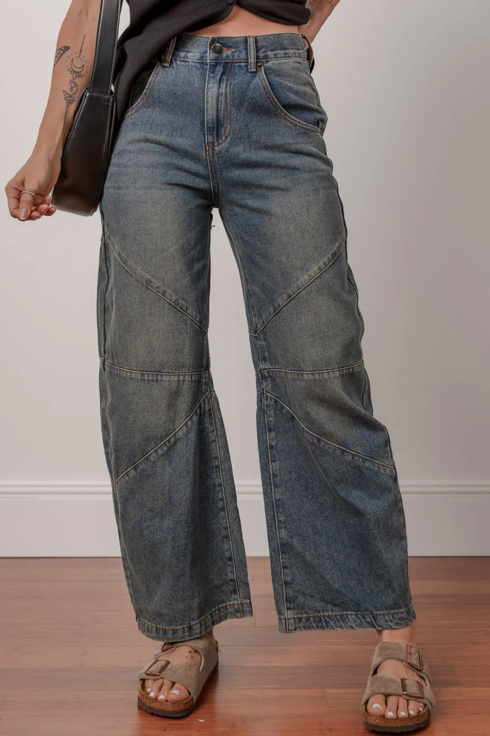 Exposed Stitching Loose Straight High Waist Jeans, image 9