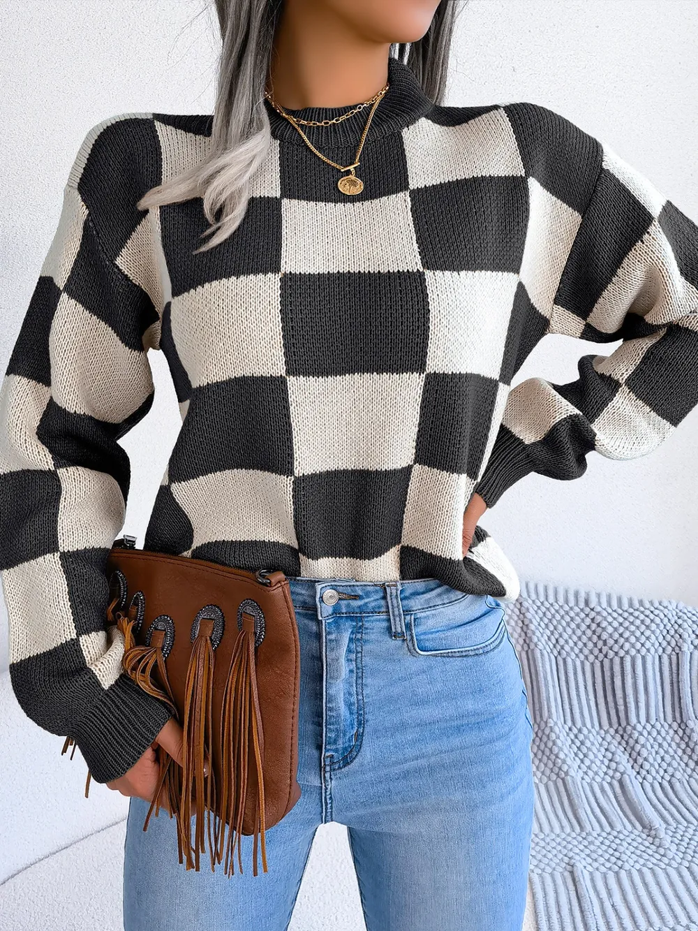 Checkered Mock Neck Long Sleeve Sweater, image 4