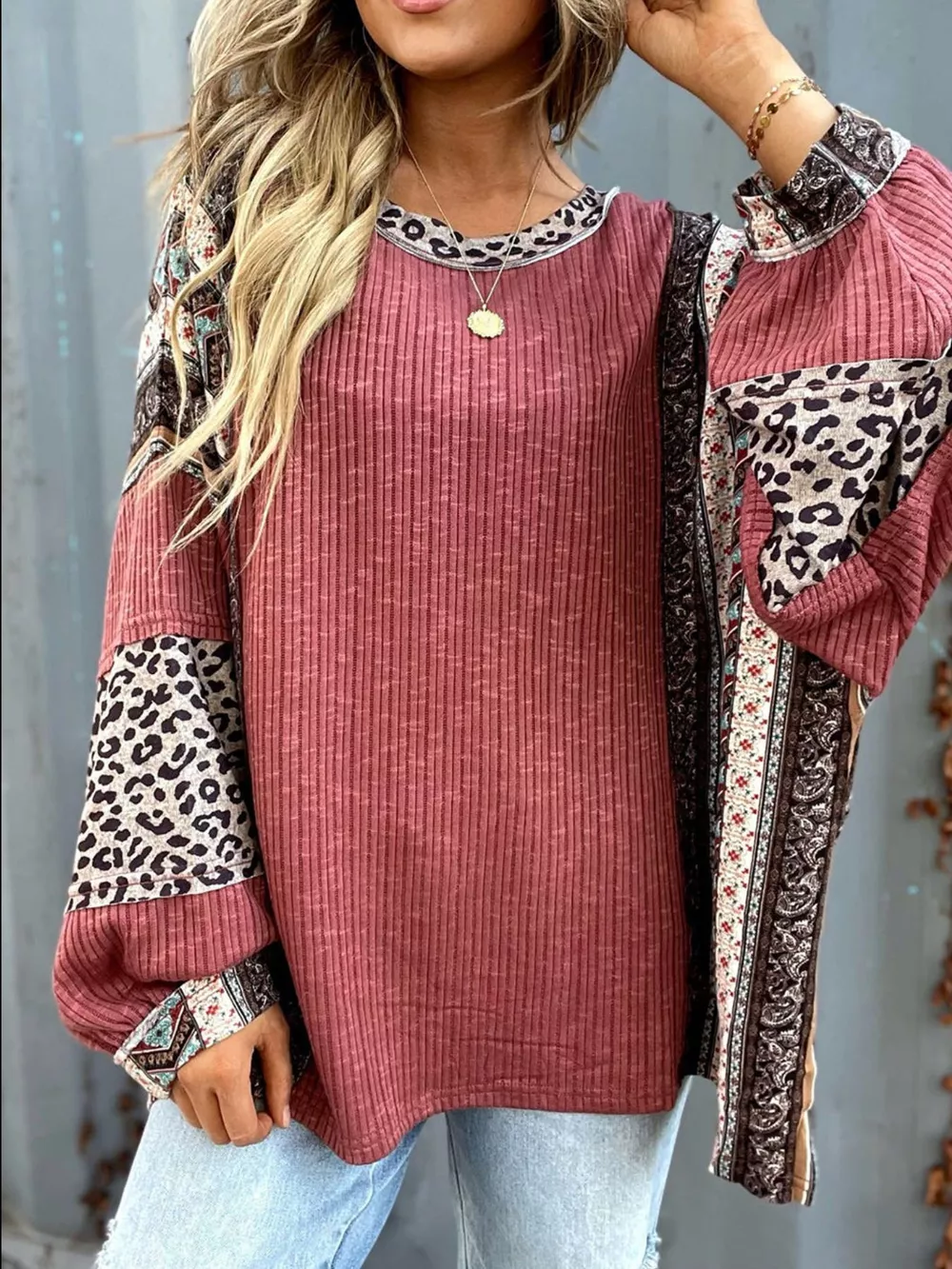 Leopard Color Block Ribbed Top, image 2