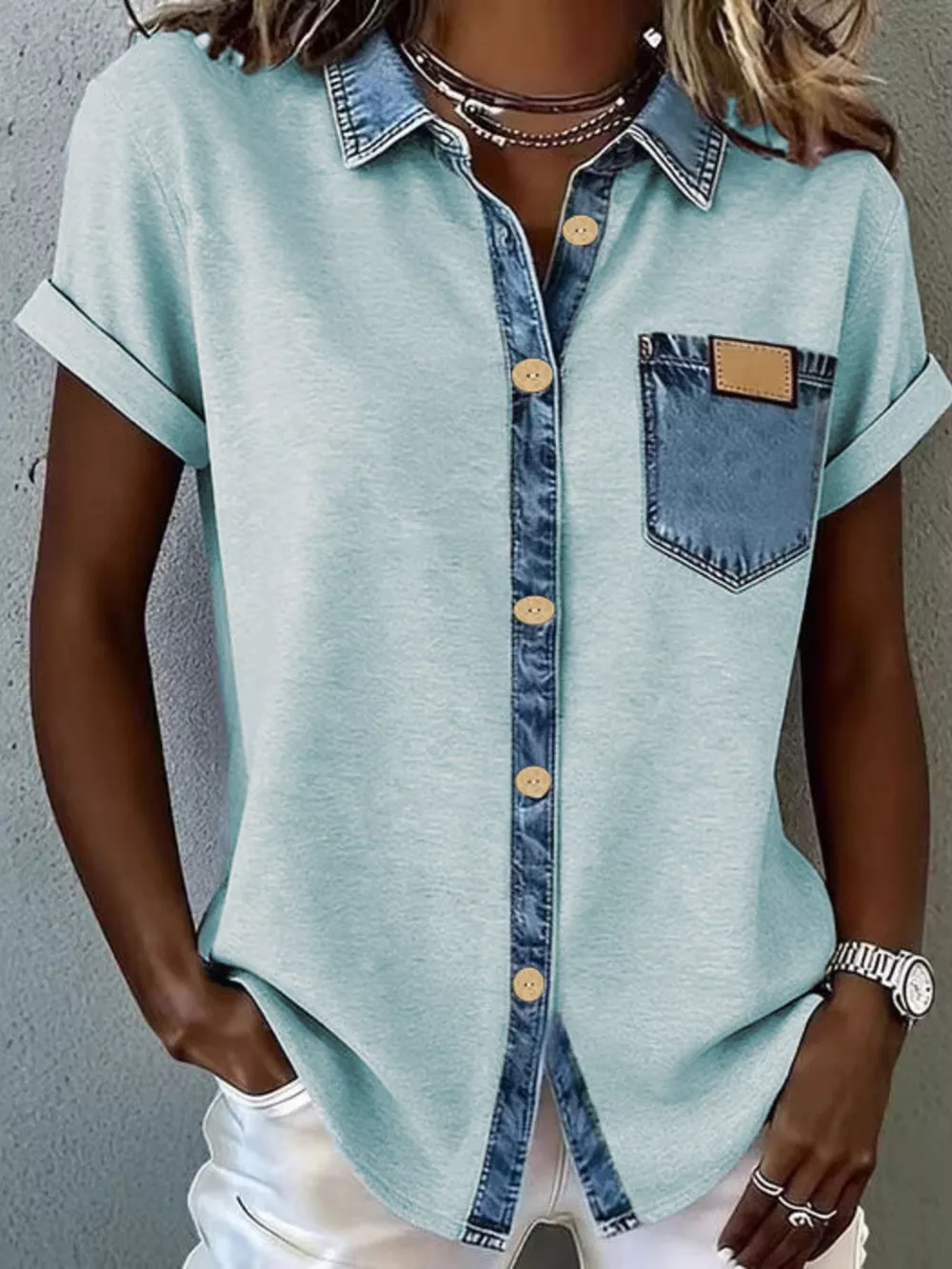 Denim Trim Short Sleeve Shirt