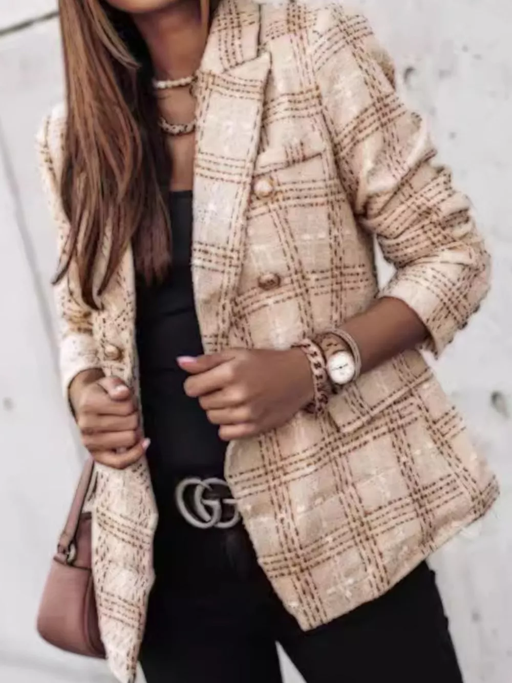 Full Size Plaid Tweed Double-Breasted Blazer Plus Size, image 11