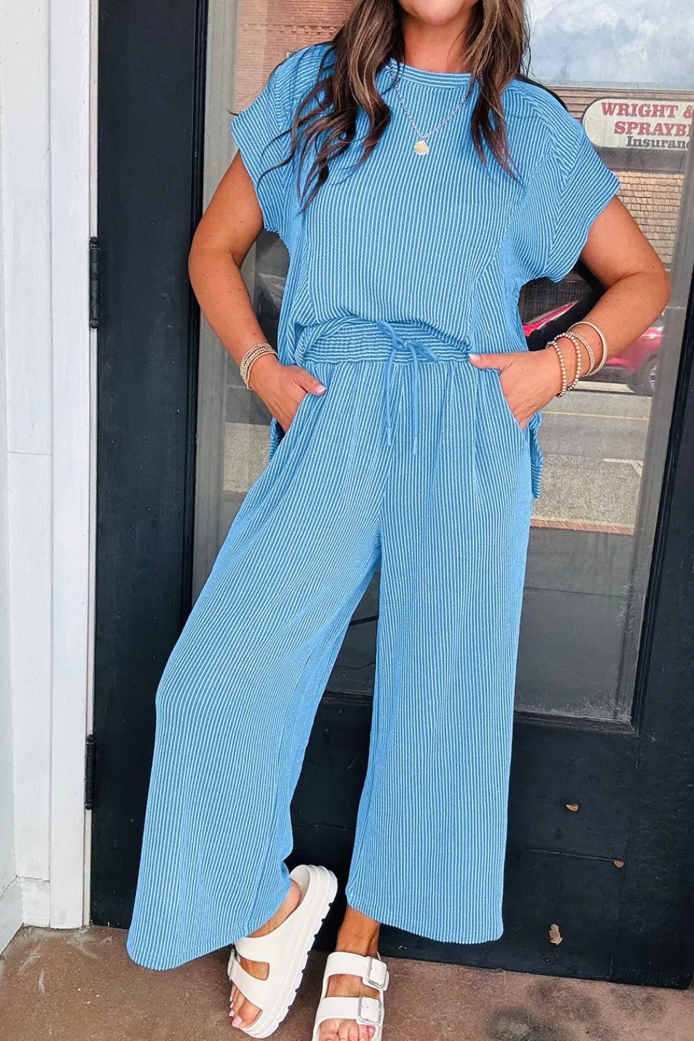 Ribbed Knit Round Neck Top and Pants Casual Set, image 16