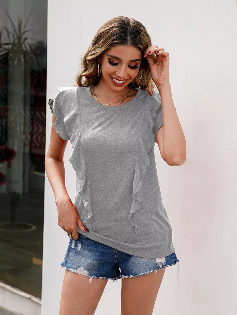 Ruffled Round Neck Cap Sleeve T-Shirt, image 10