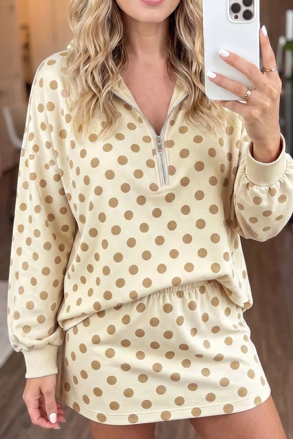 Polka Dot Hooded Long Sleeve Top Casual Mini Skort Set, image 6
