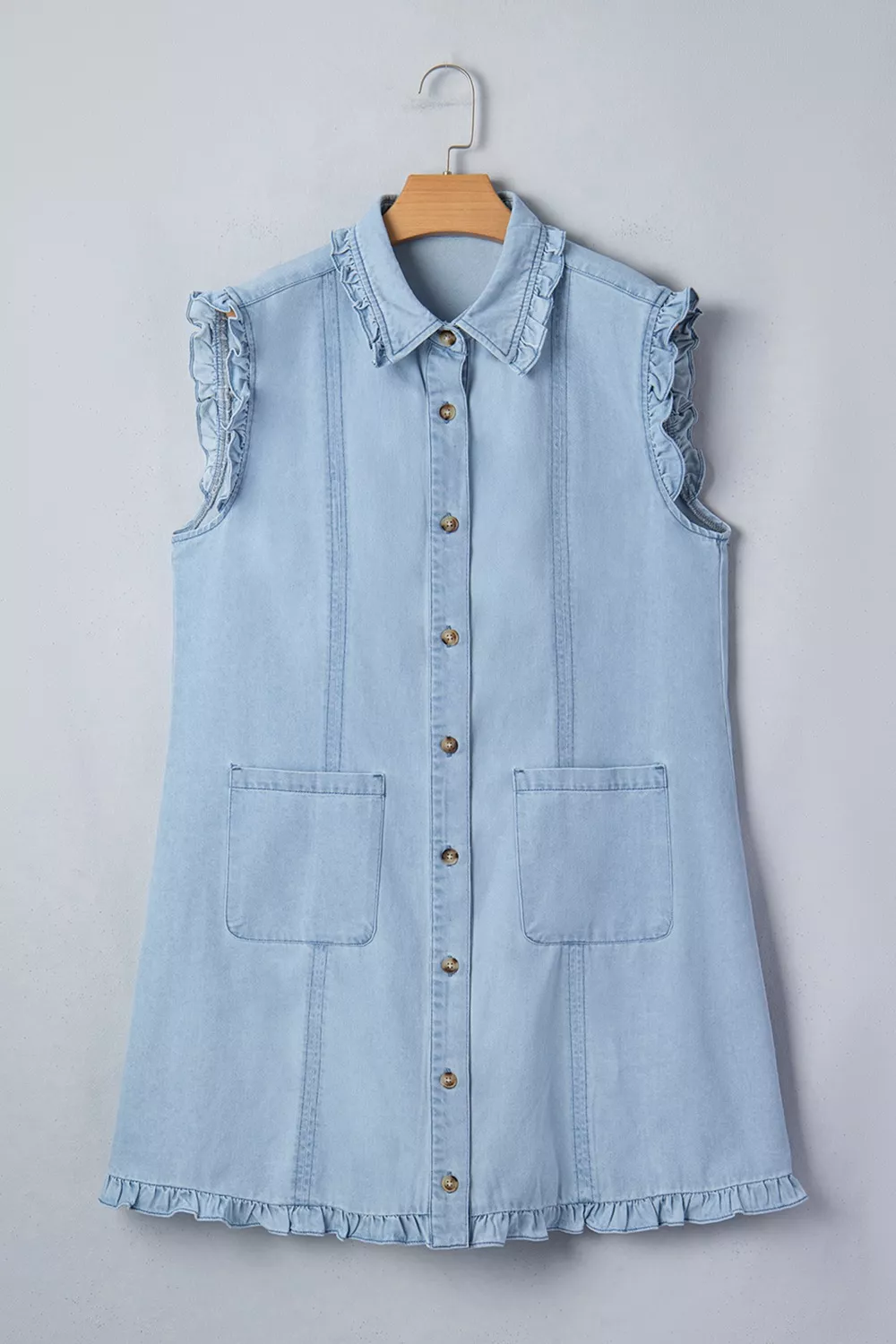 Ruffled Edge Collared Shift Denim Dress with Pockets, image 8