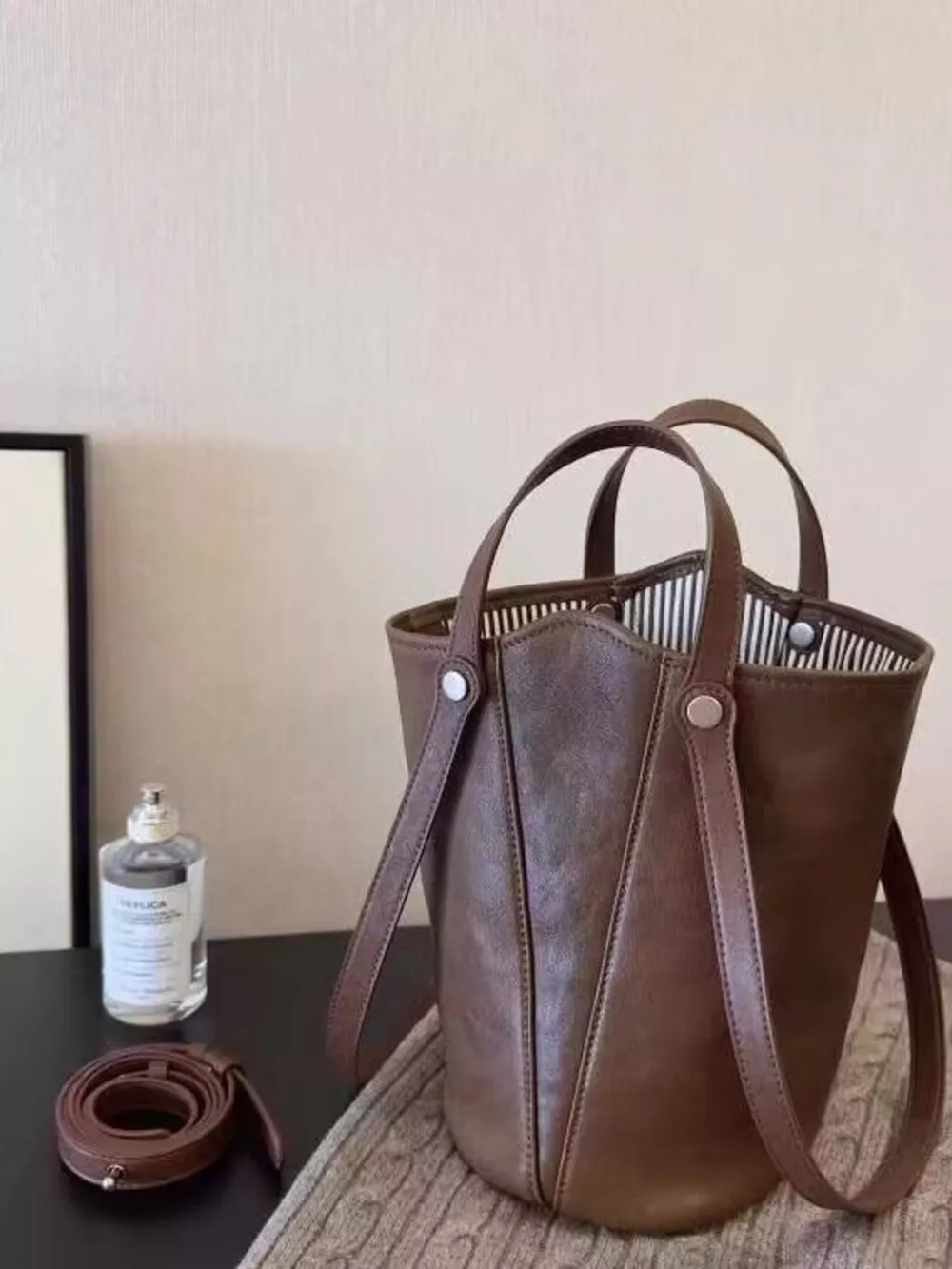 Leather Bucket Tote Bag