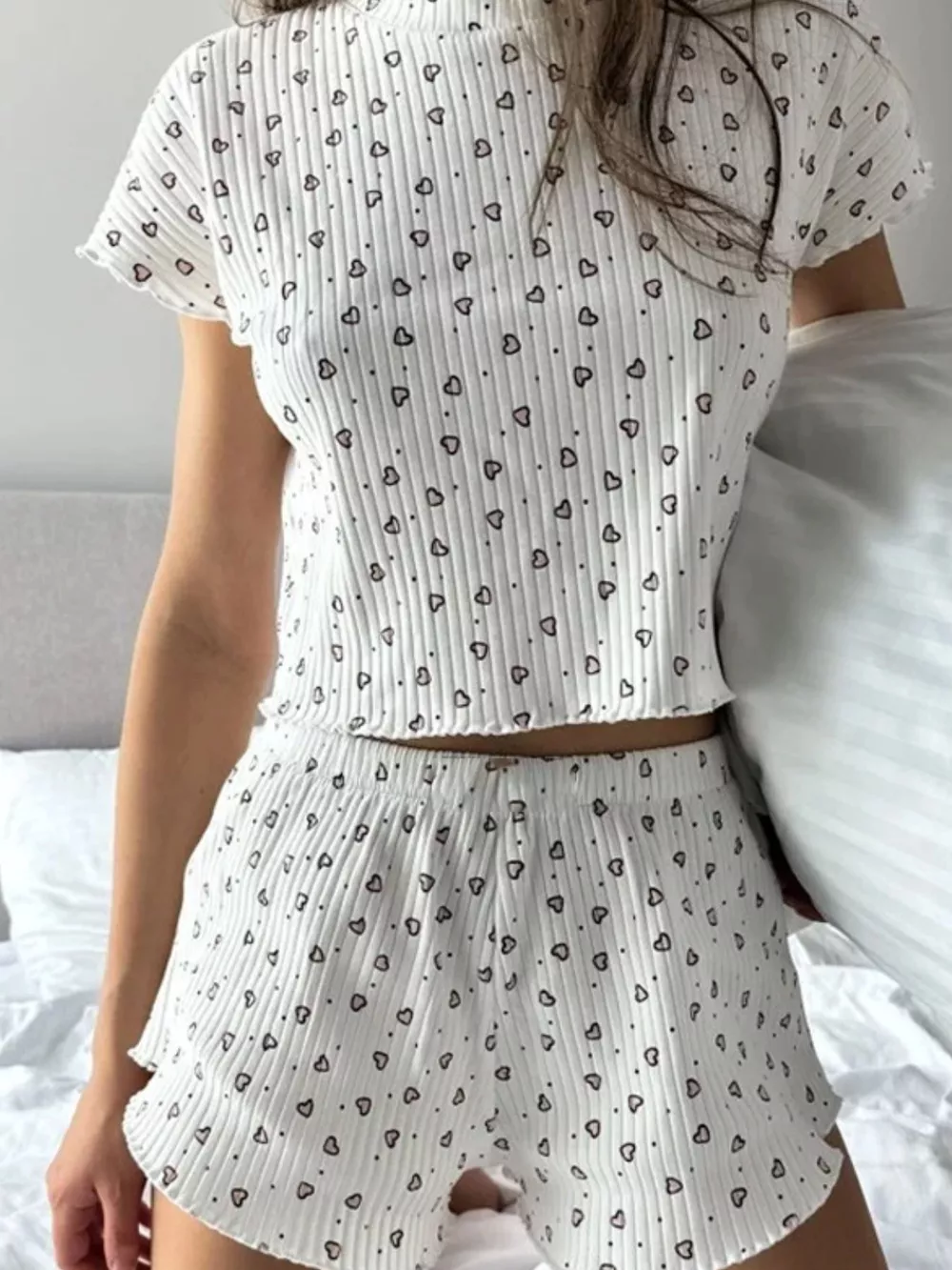 Heart Print Ribbed Knit Top and Shorts Lounge Set, image 6