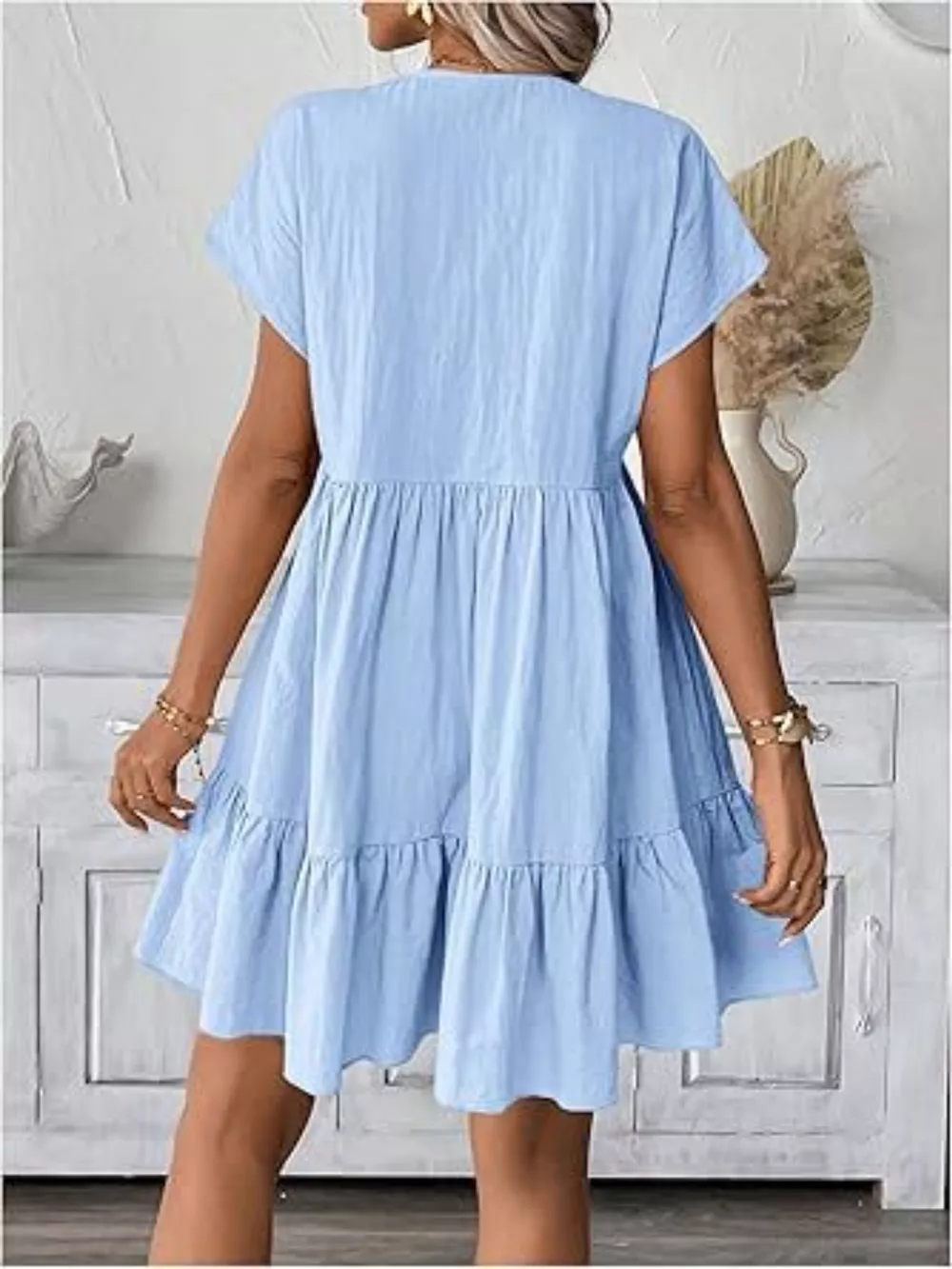 Casual V-Neck Ruffle Hem Flowy Mini Dress, image 3