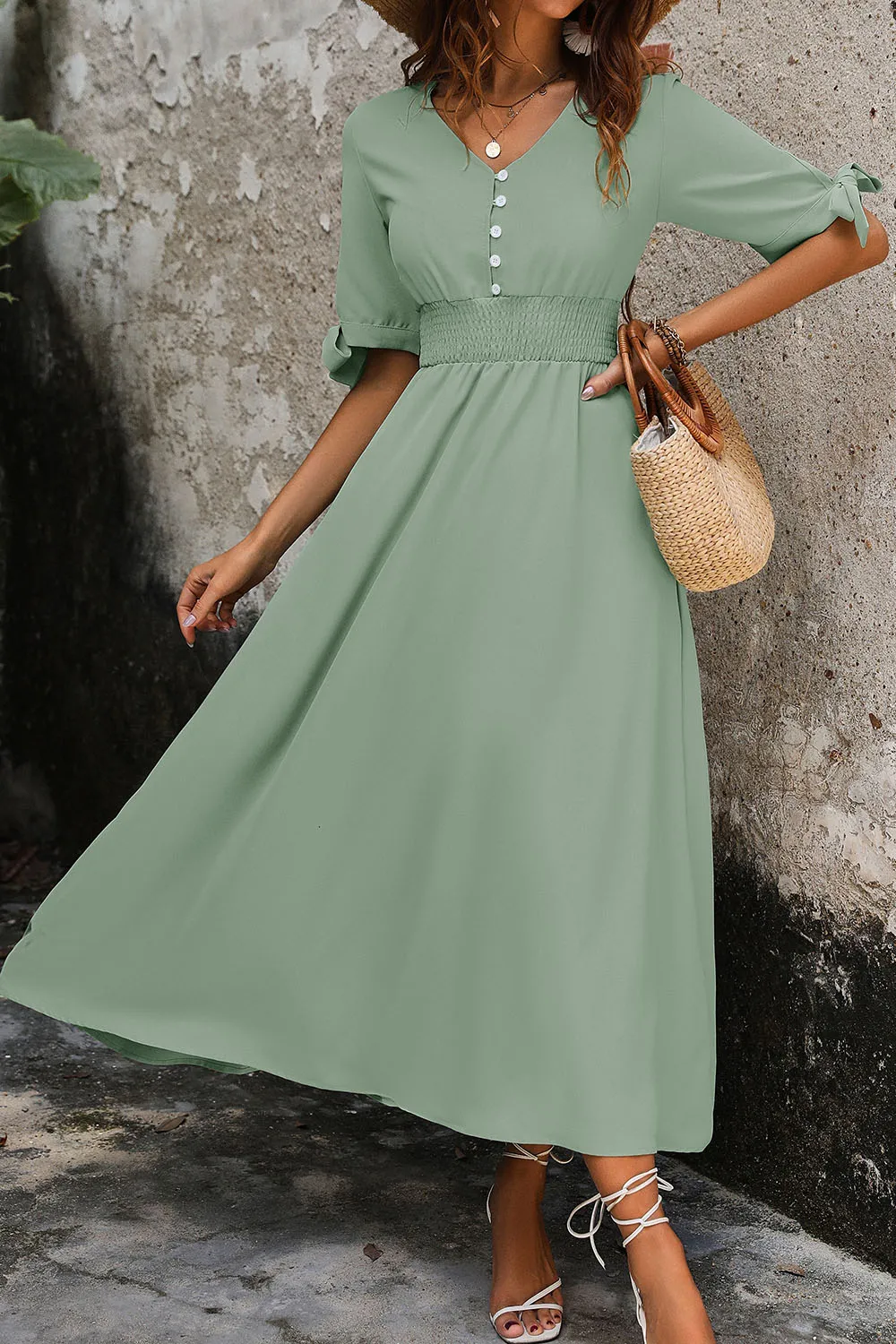 Smocked Quarter Button Short Sleeve Dress, image 4