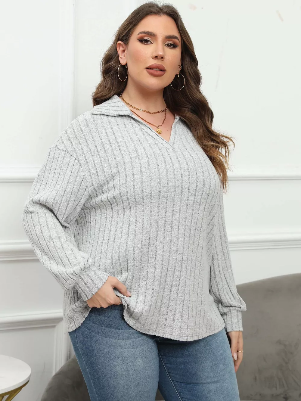 Plus Size Ribbed Knit Polo Collar T-Shirt, image 11