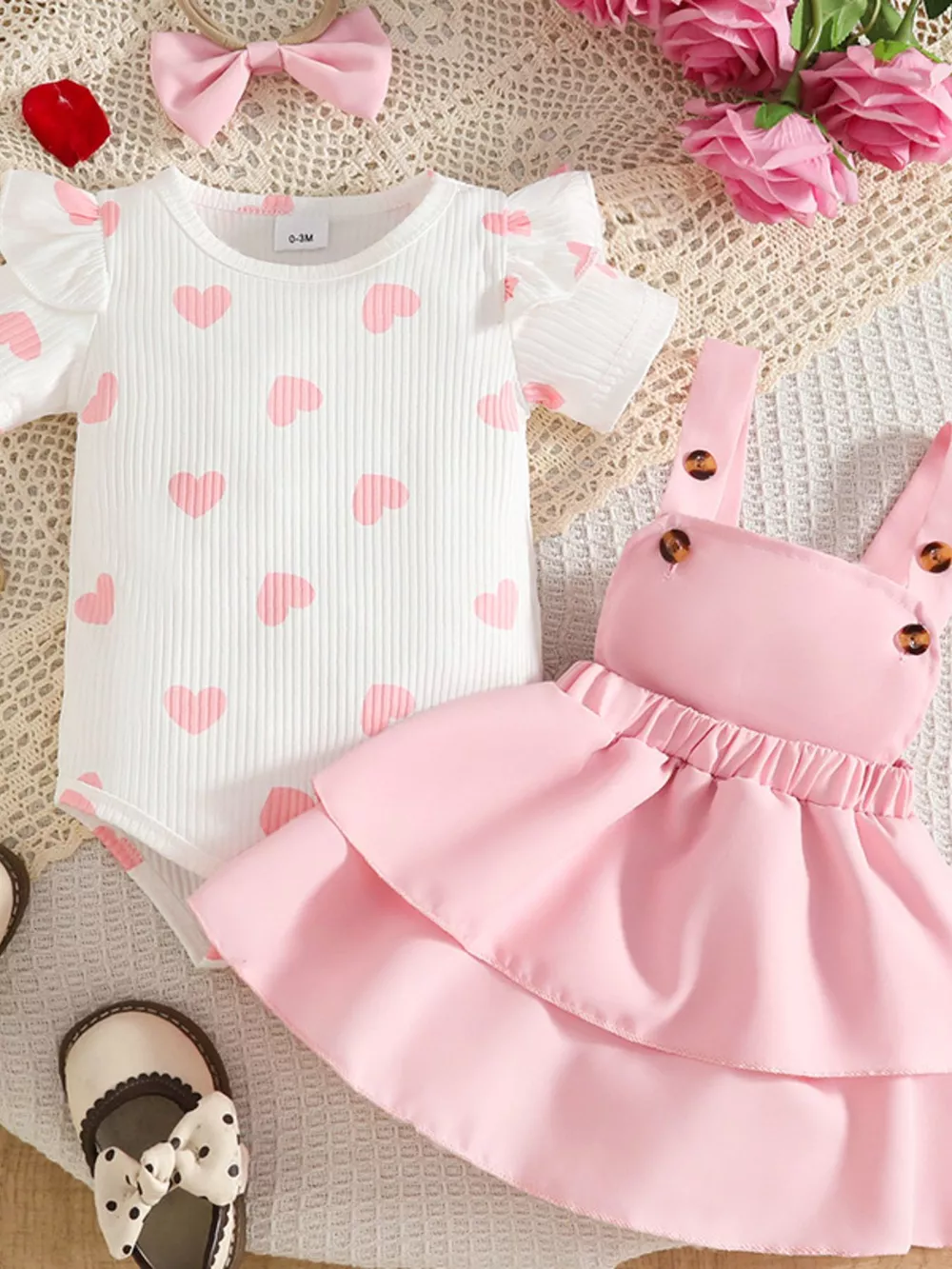 Children's Heart Print Ruffle Trim Bodysuit and Dress Set with Headband, image 2