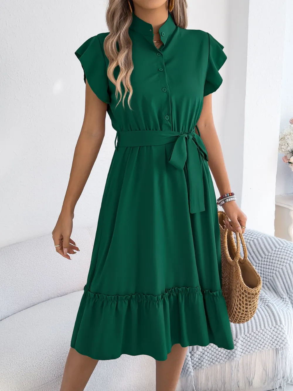 Tie Waist Ruffled Cap Sleeve Dress, image 9