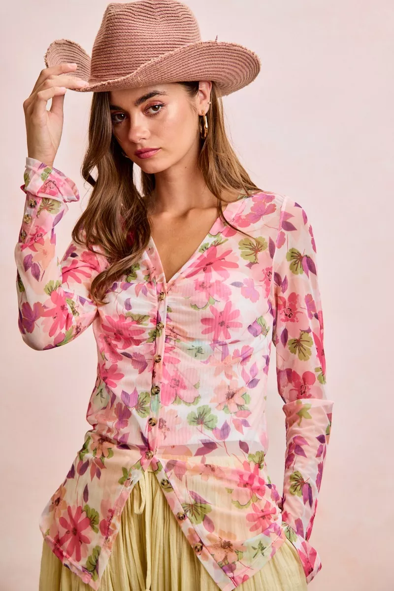 BiBi Floral Shrried Detail Button Up Mesh Cardigan Top, image 6