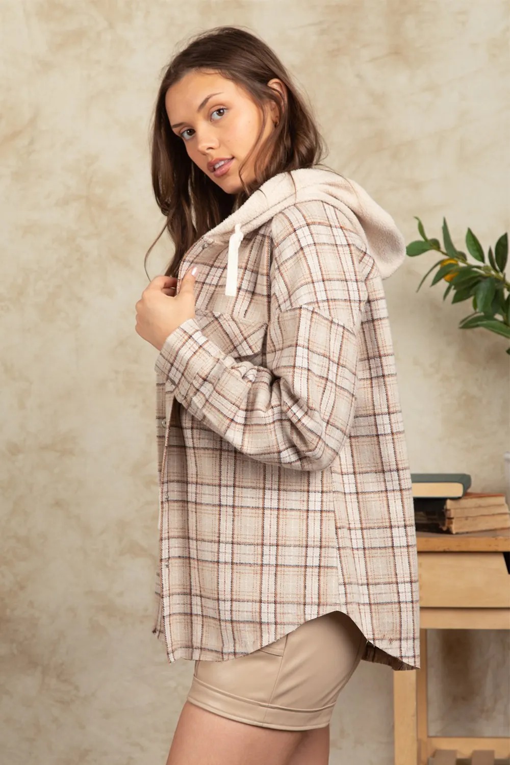 Drawstring Plaid Long Sleeve Hooded Jacket, image 14