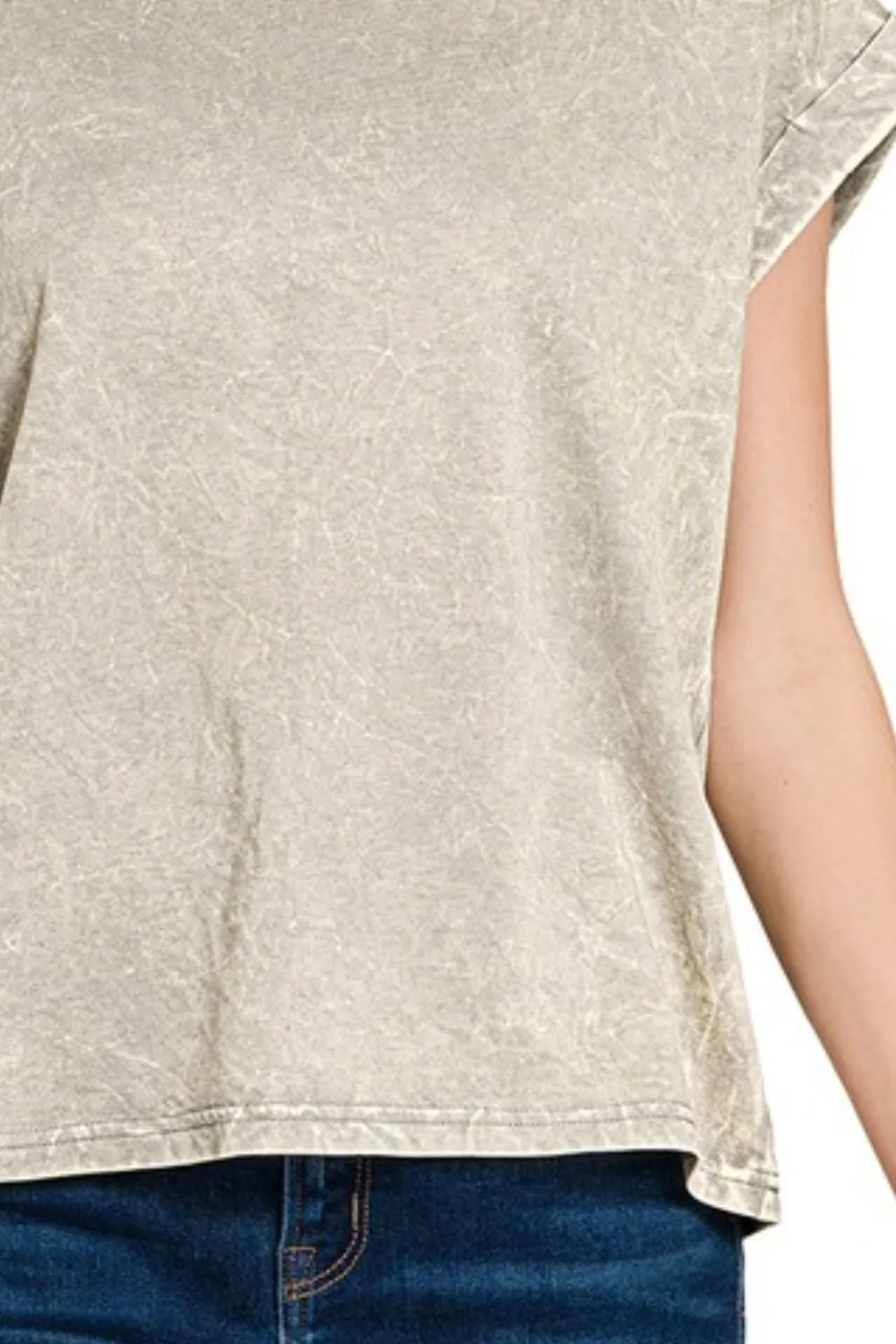 Crinkle Washed Round Neck Folded Short Sleeve Tee, image 3