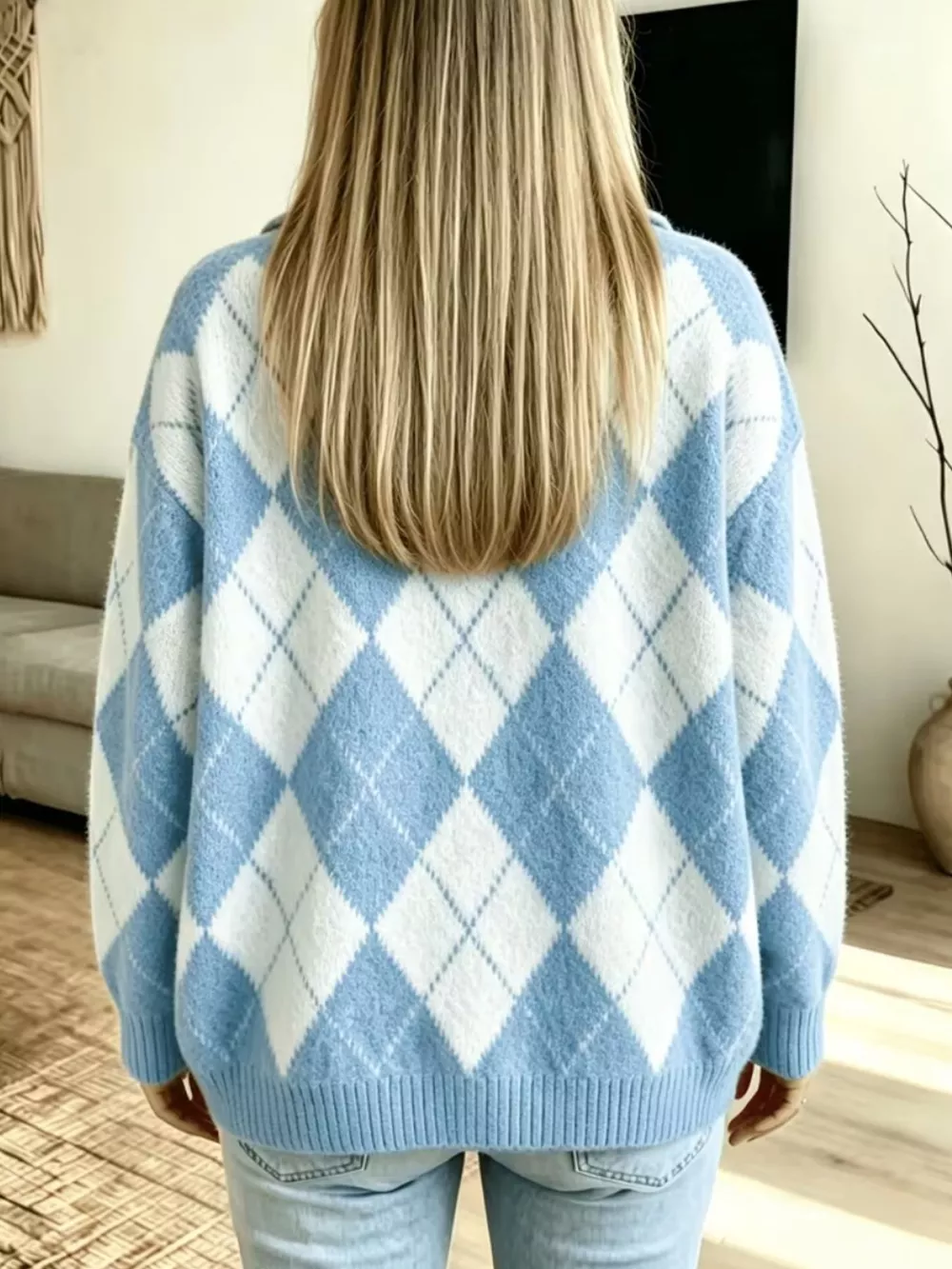 Argyle Pattern Collared Pullover Sweater, image 10