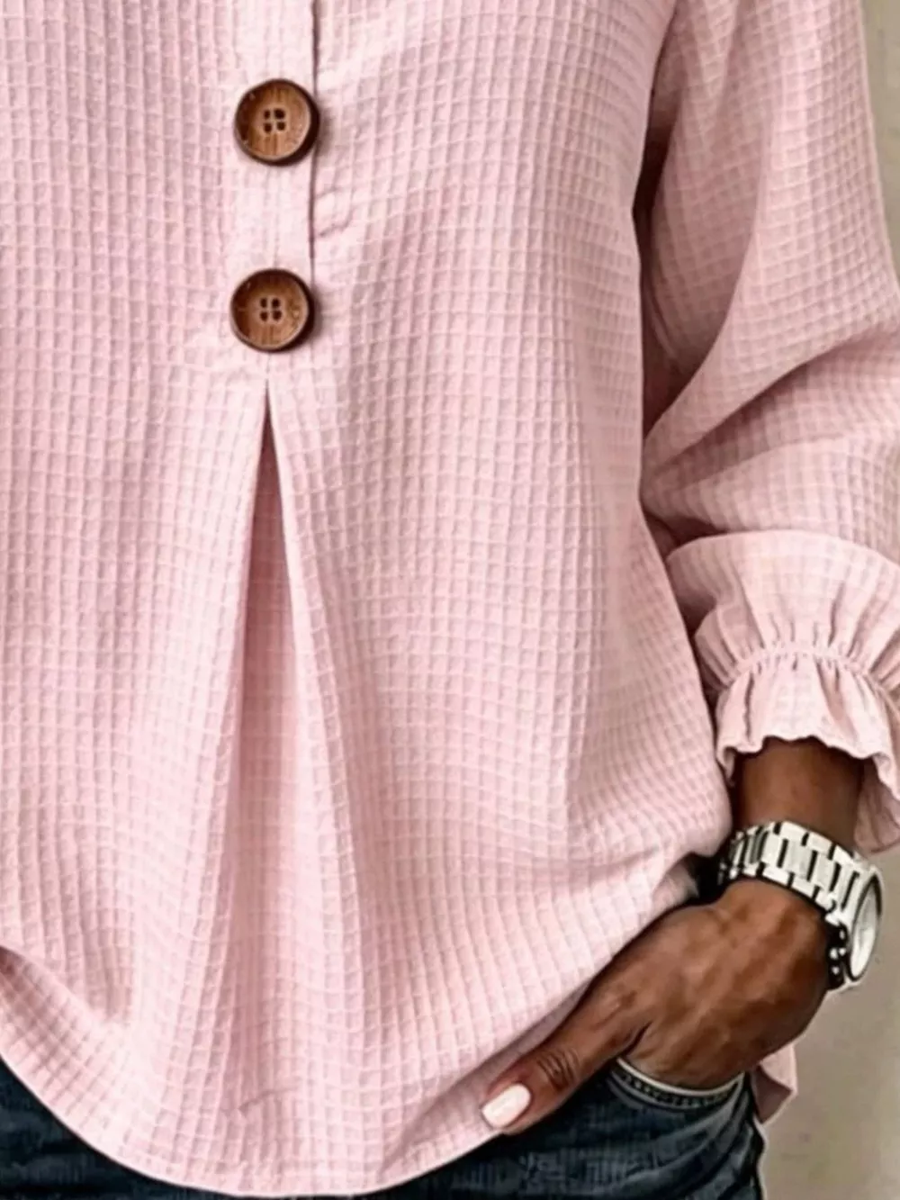 Full Size Waffle Knit Flounce Sleeve Blouse Plus Size, image 12