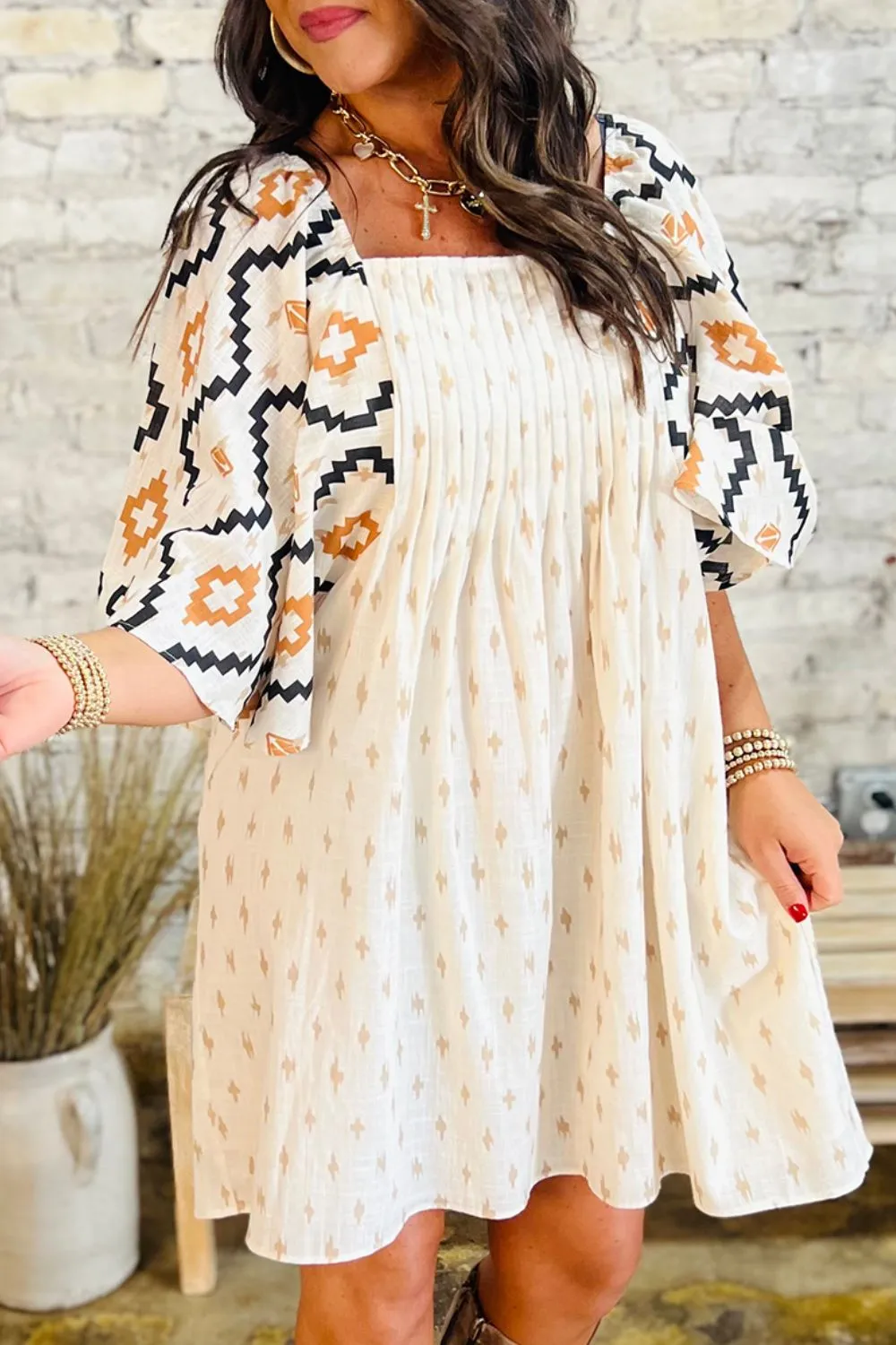 Geometric Square Neck Half Sleeve Mini Dress, image 3