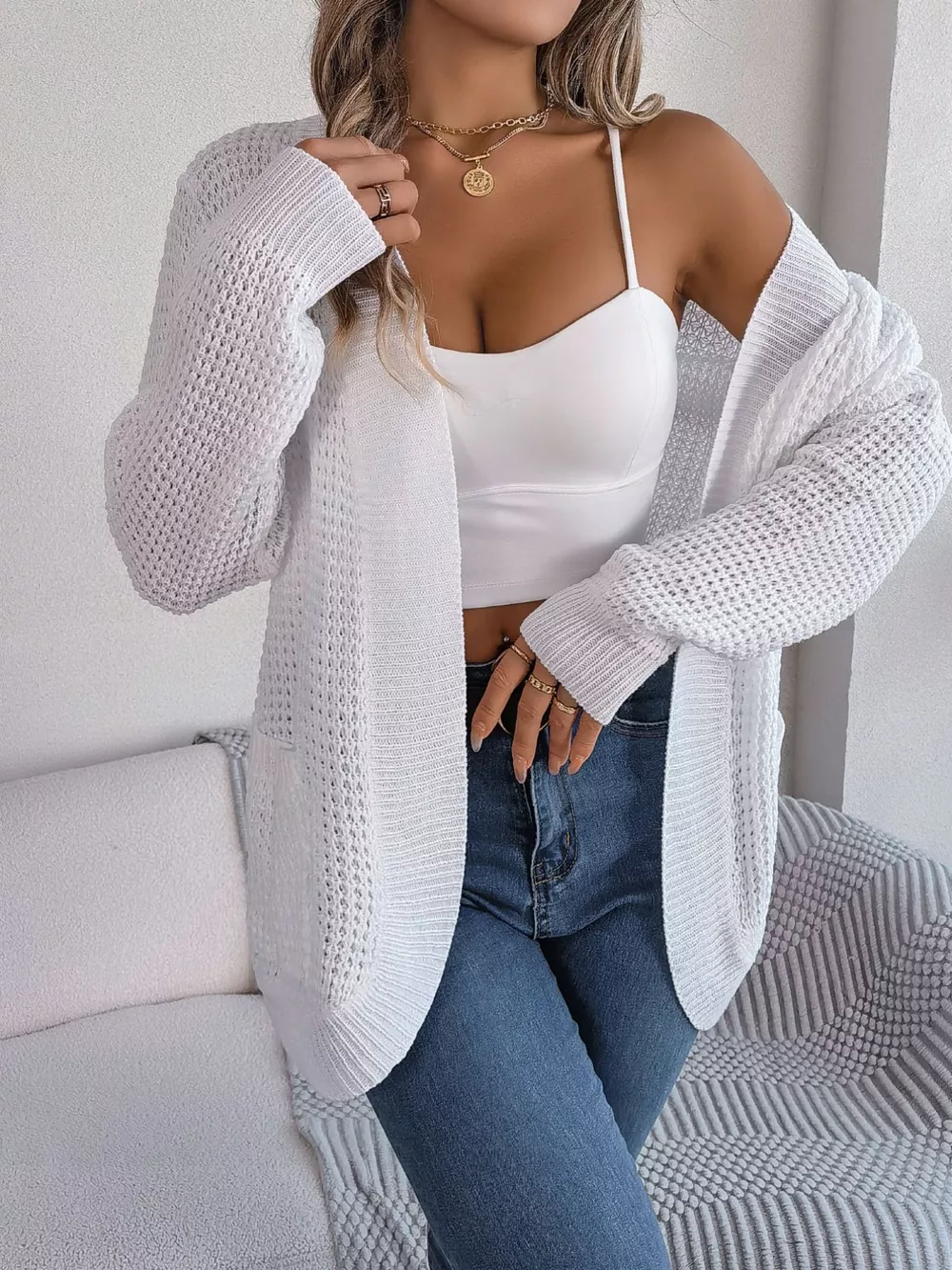 Chunky Knit Open Front Cardigan with Pockets, image 21