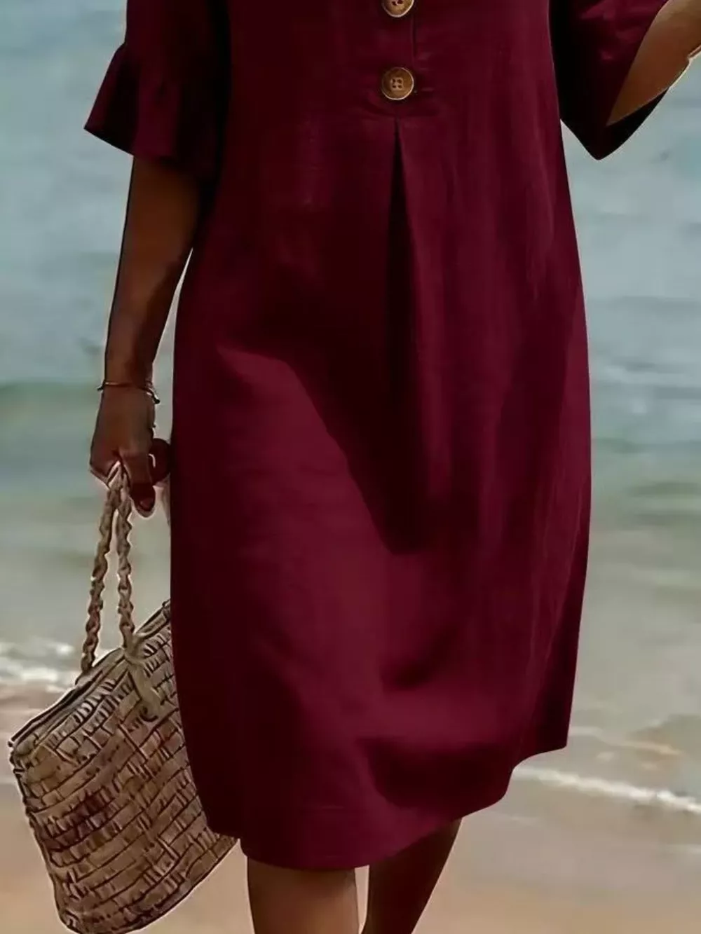 Full Size Button Decor Flounce Sleeve Dress Plus Size, image 18
