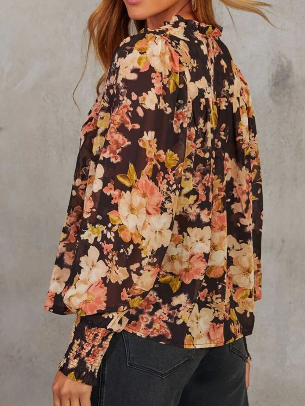 Floral V Neck Long Puff Sleeve Breezy Blouse, image 2