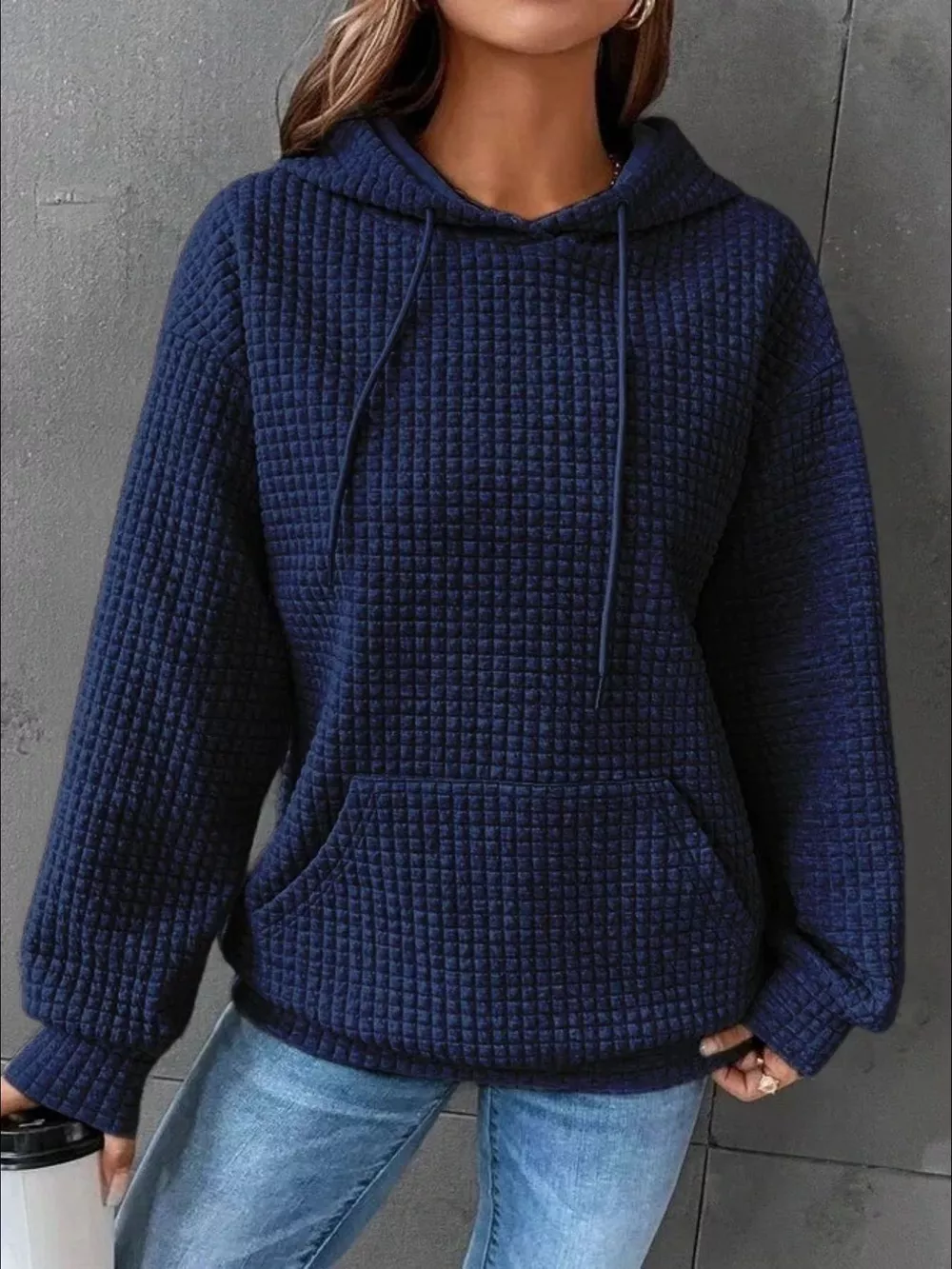 Full Size Textured Kangaroo Pocket Hoodie Plus Size, image 17